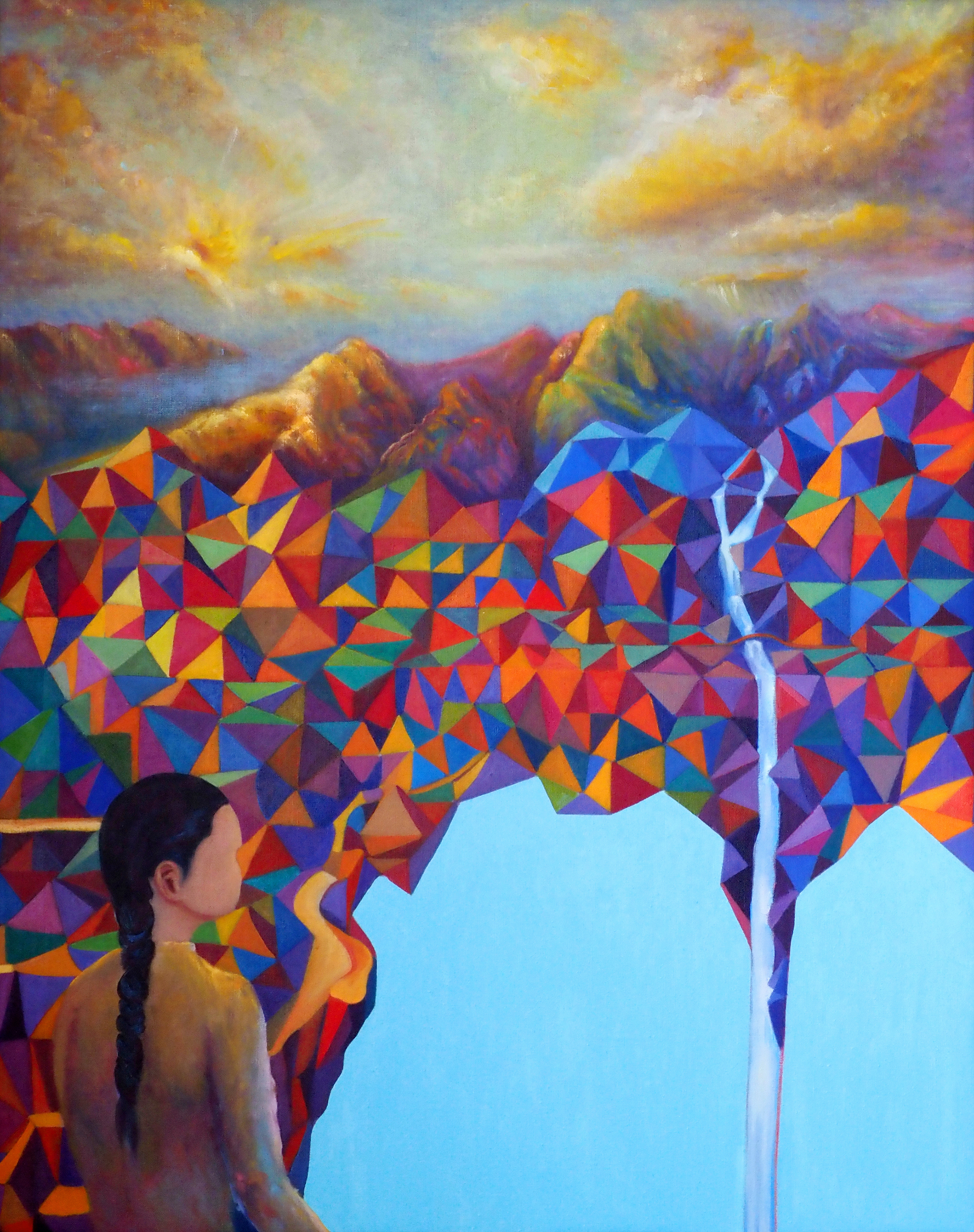 Journey 28 by John Domont, features a female figure with a geometric background