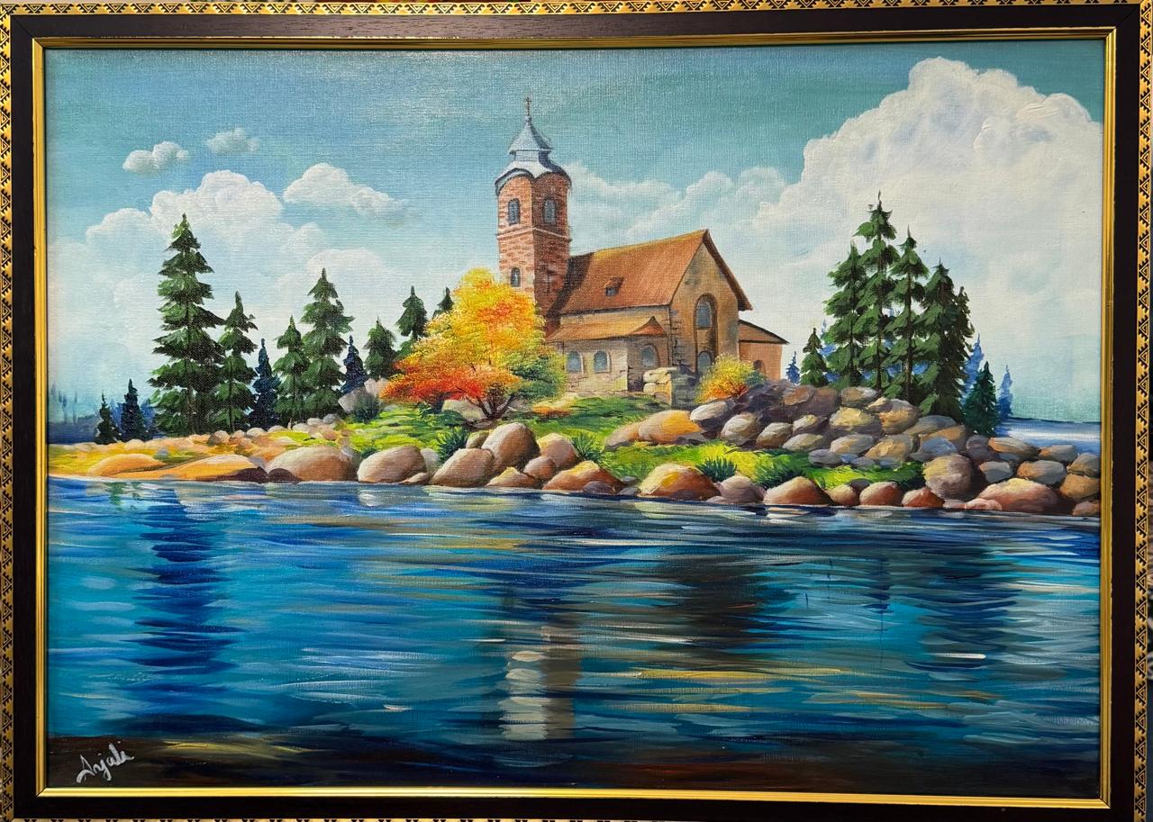 the silent chapel by Anjali Priyaa, a serene chapel on a rocky island reflecting in water