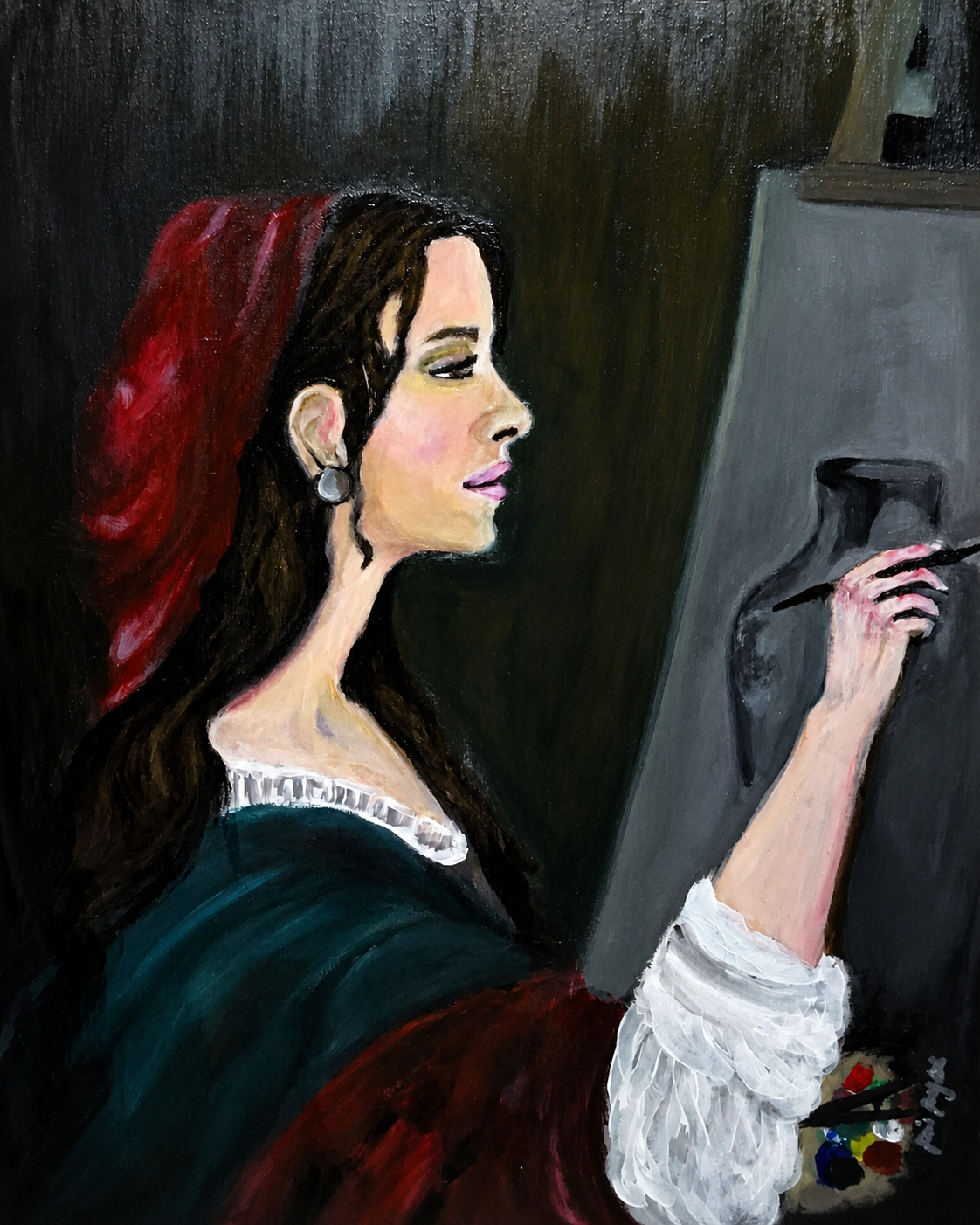 Echoes of an Ancient Self by Jinn Reyes, woman with dark hair and red headscarf painting
