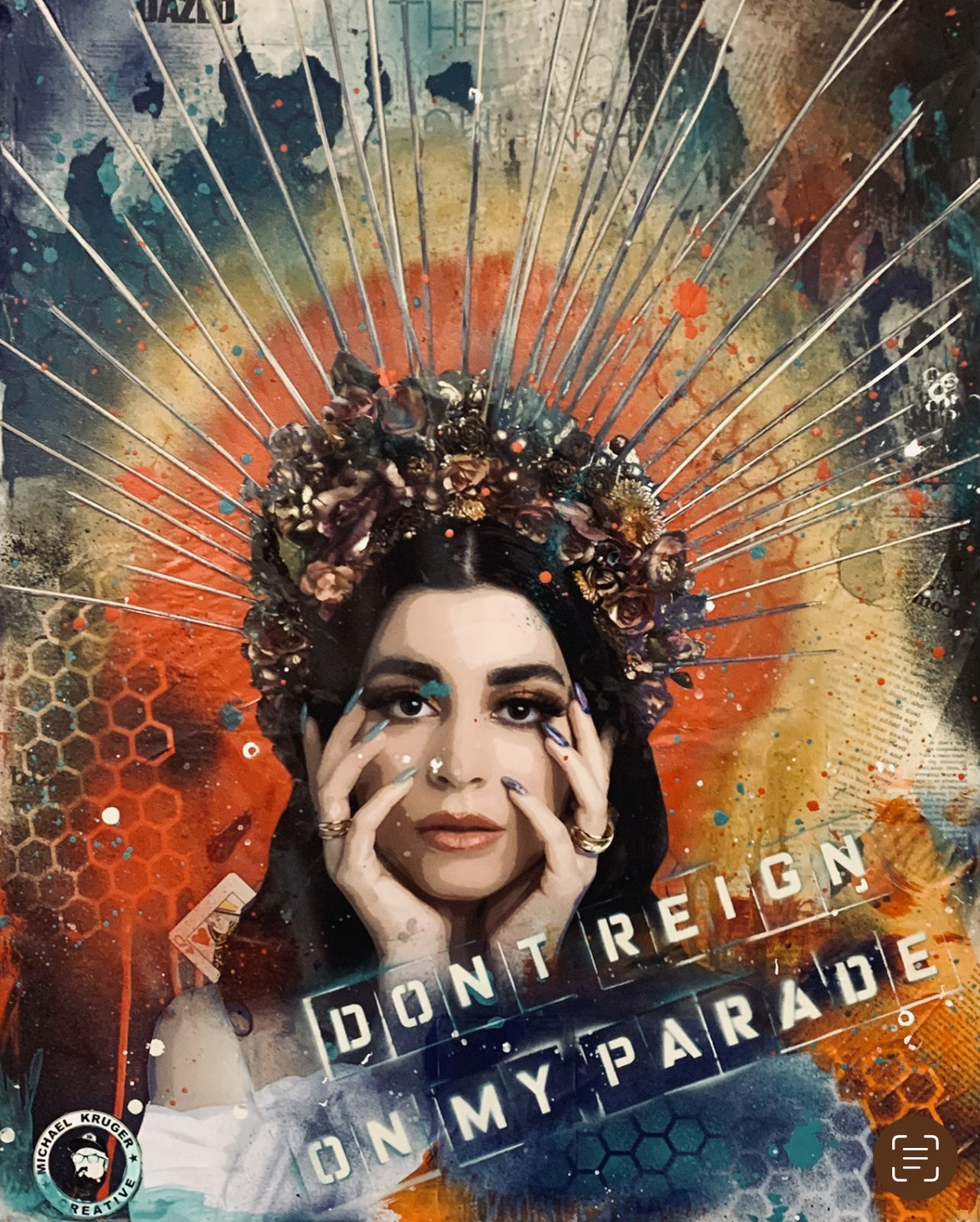 DONT REIGN ON MY PARADE by MICHAEL KRUGER, vibrant female figure with floral headdress