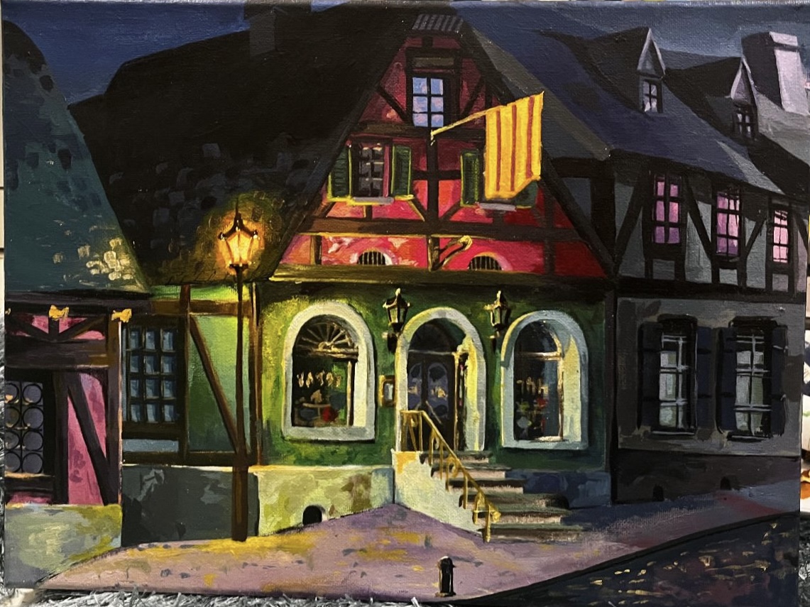 hatshop by Husna, charming night street scene, European architecture