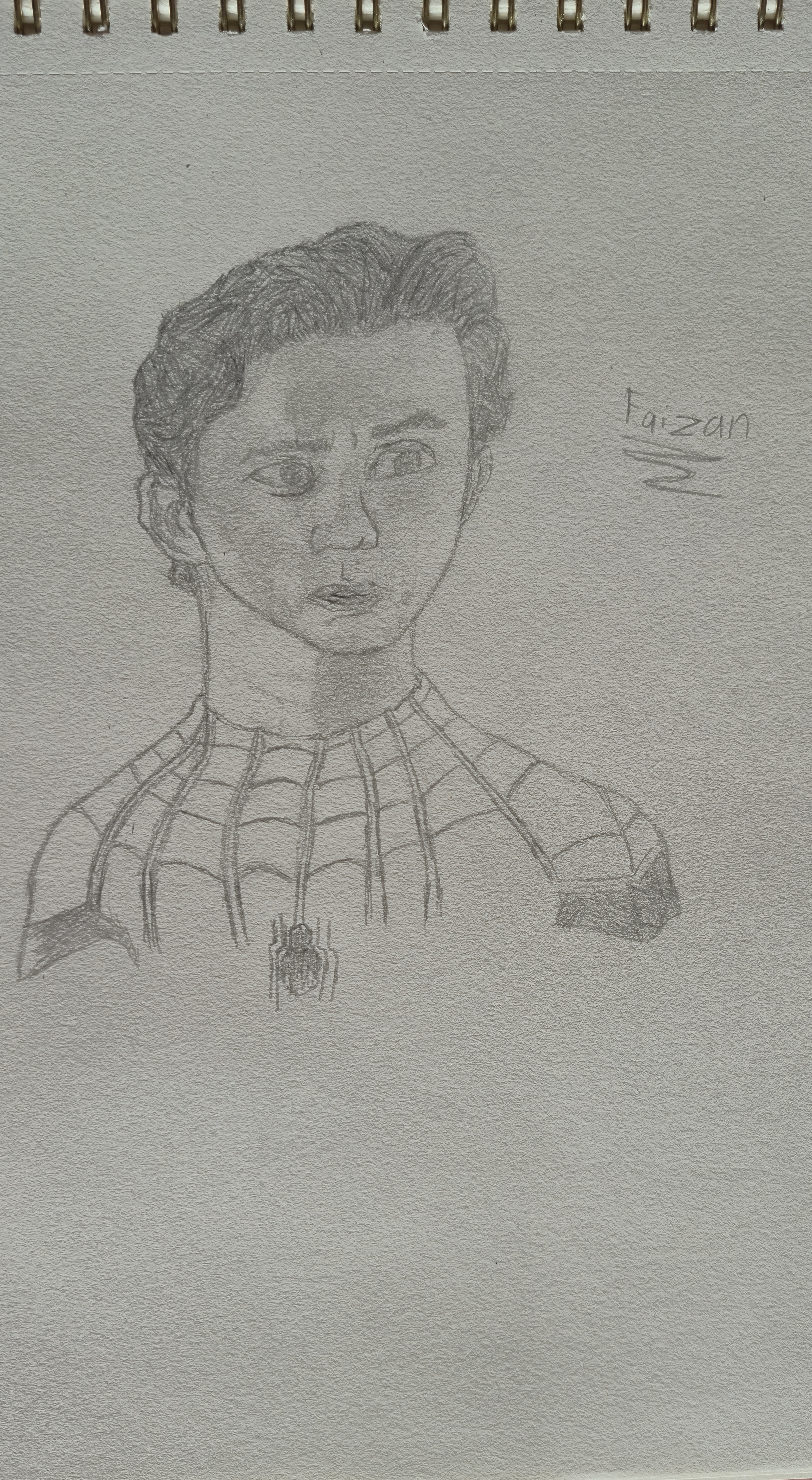 Spiderman by Faizan Hsu, pencil sketch of Spider-Man's head and upper torso