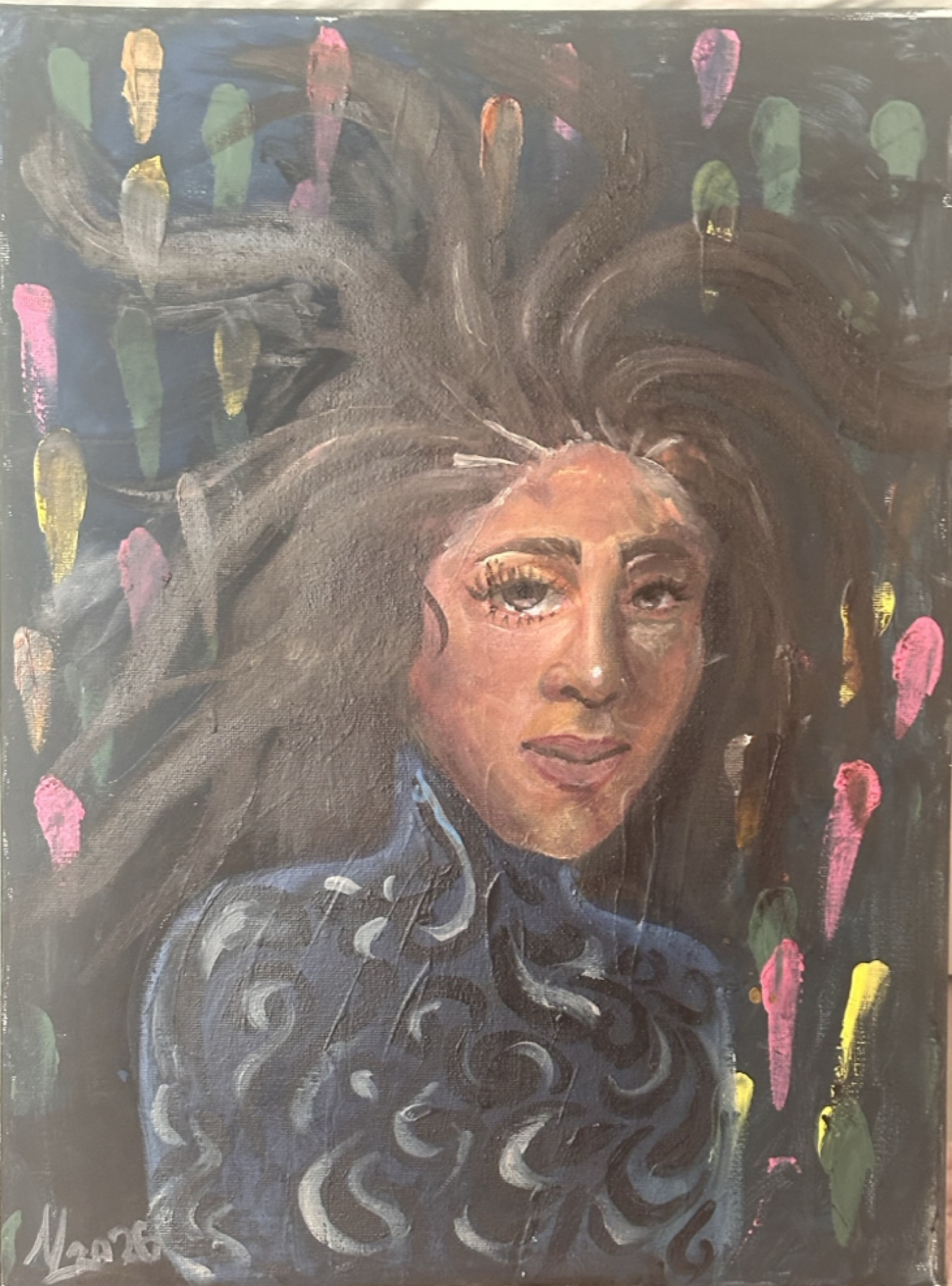What lies in evil by Noor Almaarmari - dynamic human figure with swirling hair and abstract background