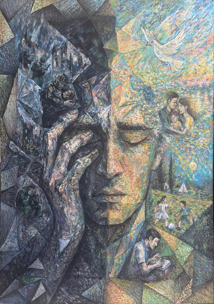 The war within by Anél Eksteen, depicting a split human face with contrasting elements