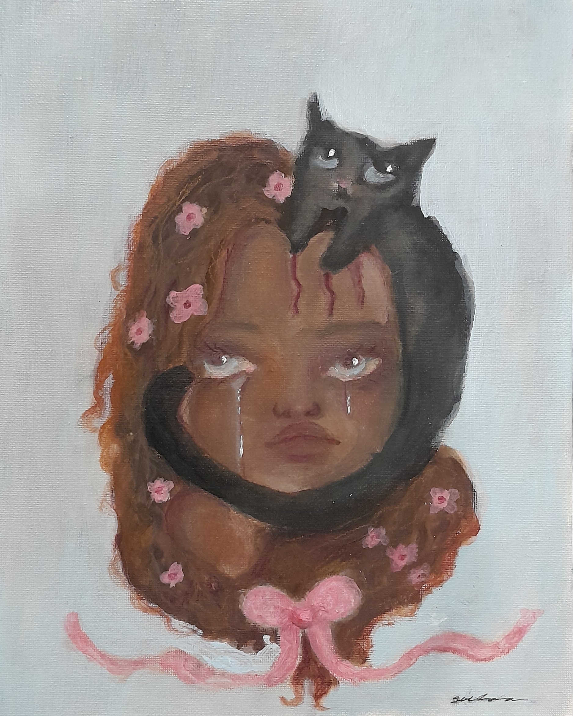 Vilain Chat by Olivia Pena, young girl with pink flowers and solemn expression