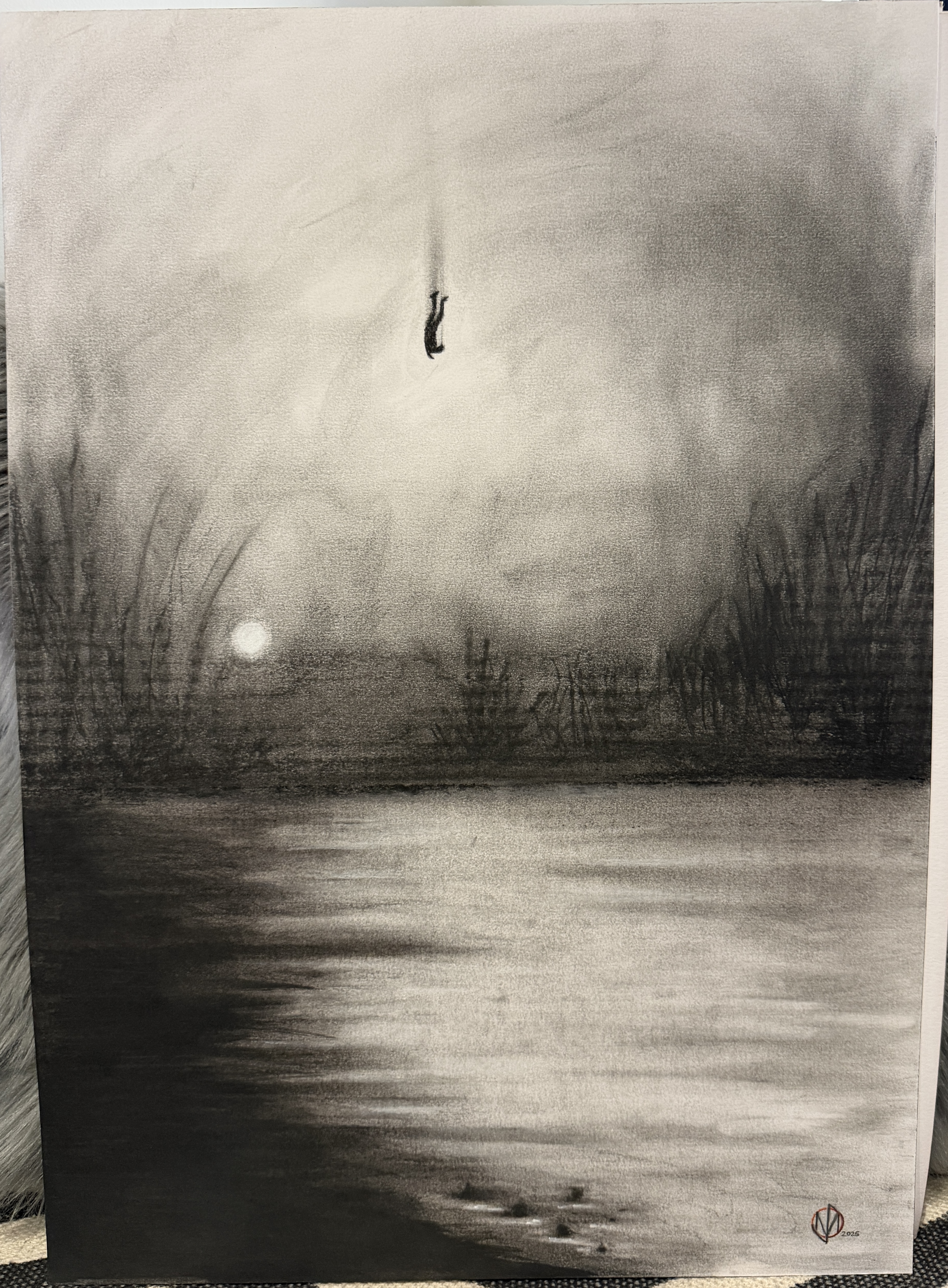 The Weight of Silence by Maricia Duvenage, monochrome figure above water