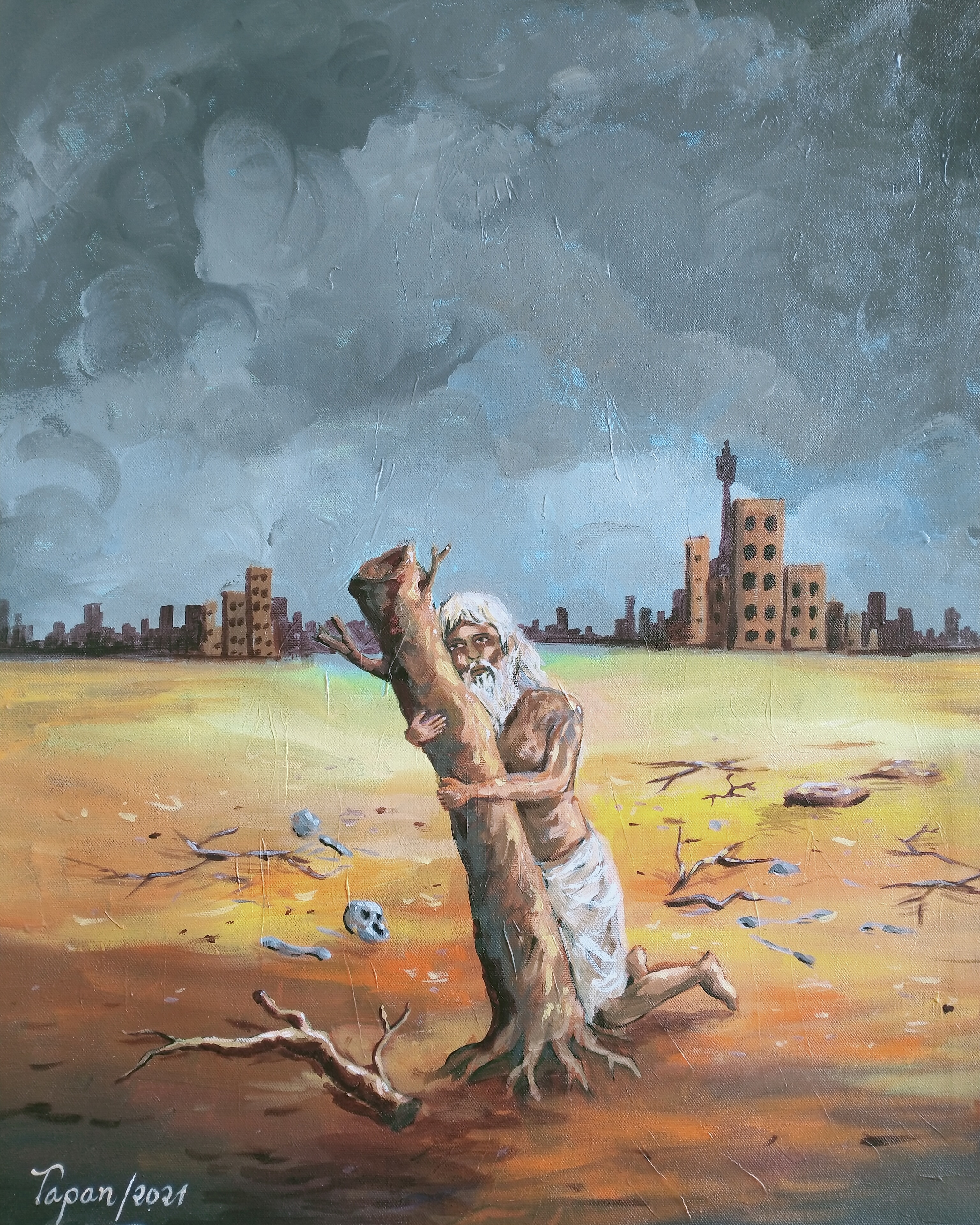 Old man and tree by Tapan Mahatta, depicting an elderly man embracing a barren tree in a cracked landscape