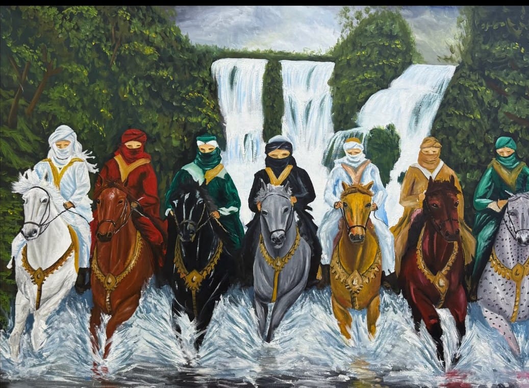 Equestrian Journey by Johnson Flomo, riders on horseback crossing water with waterfalls in background