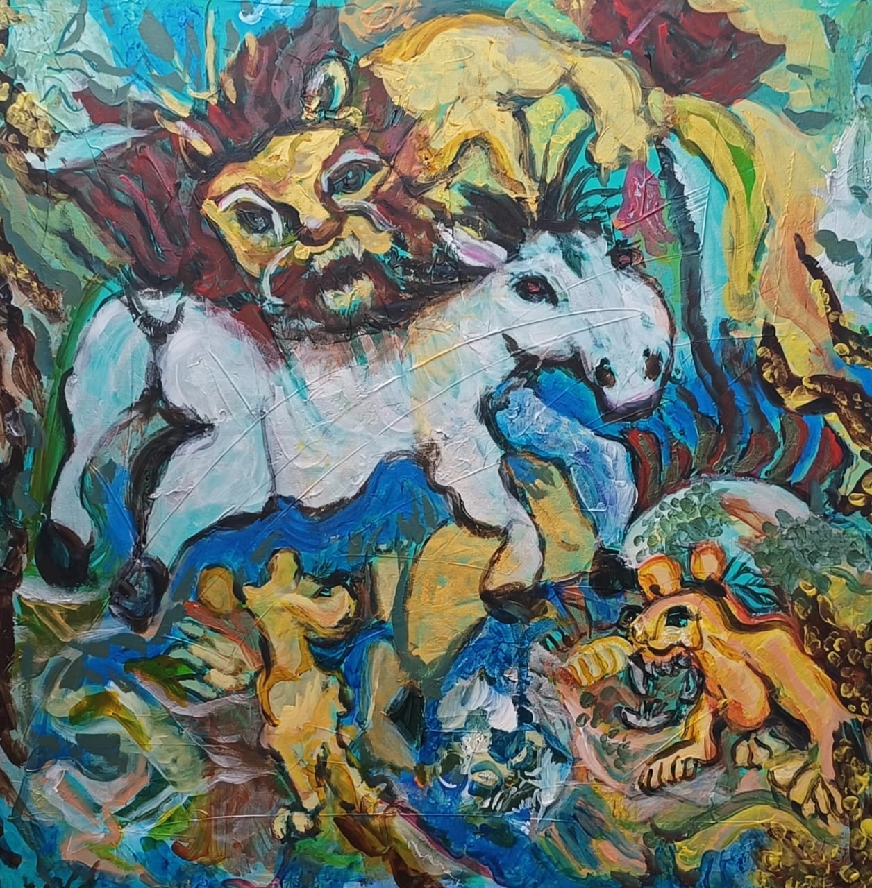 Strength, Responsibility, and Teamworks by Ng Yi Shen - dynamic scene featuring lion and horse
