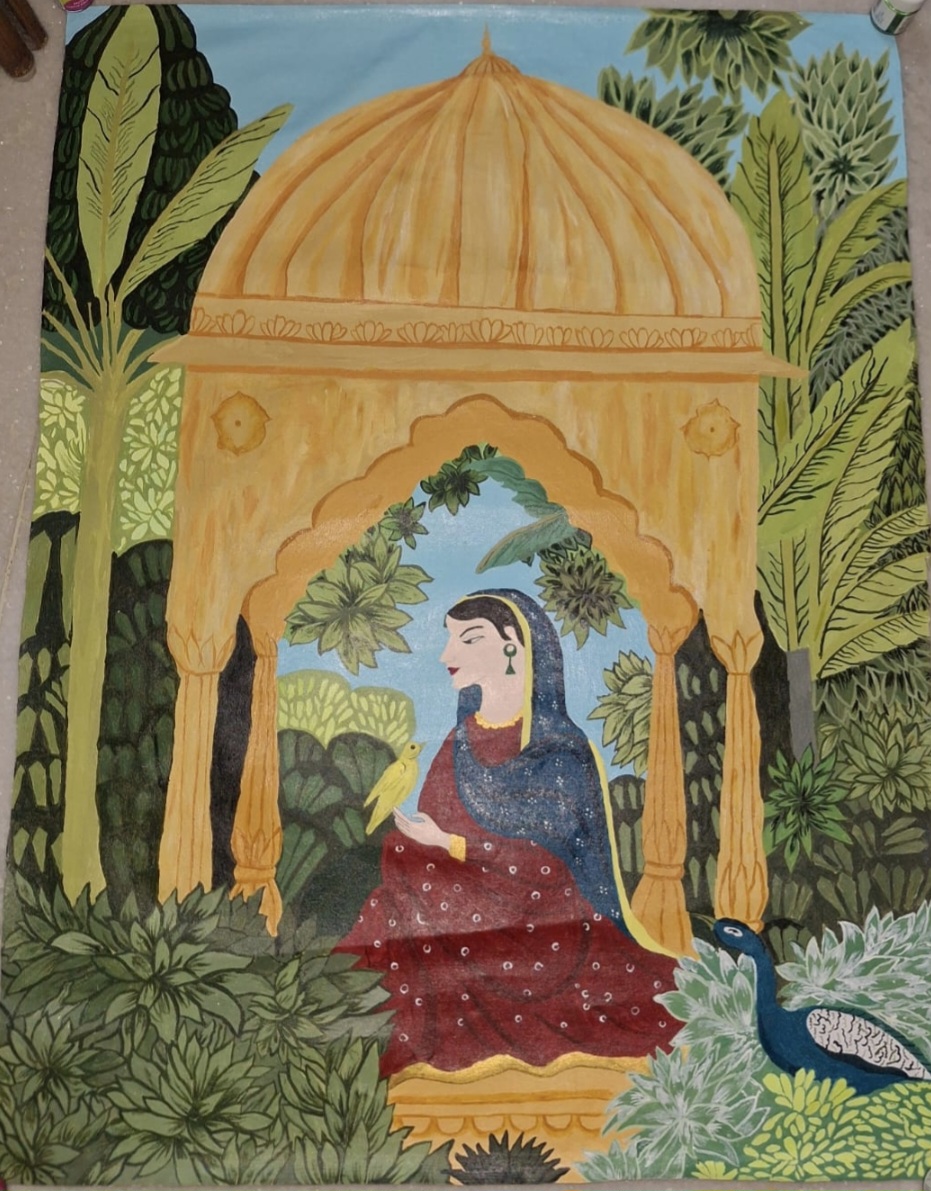 Pichwai paintings of rajasthan by Shivranjini kumari, a serene traditional painting featuring a woman under a domed pavilion