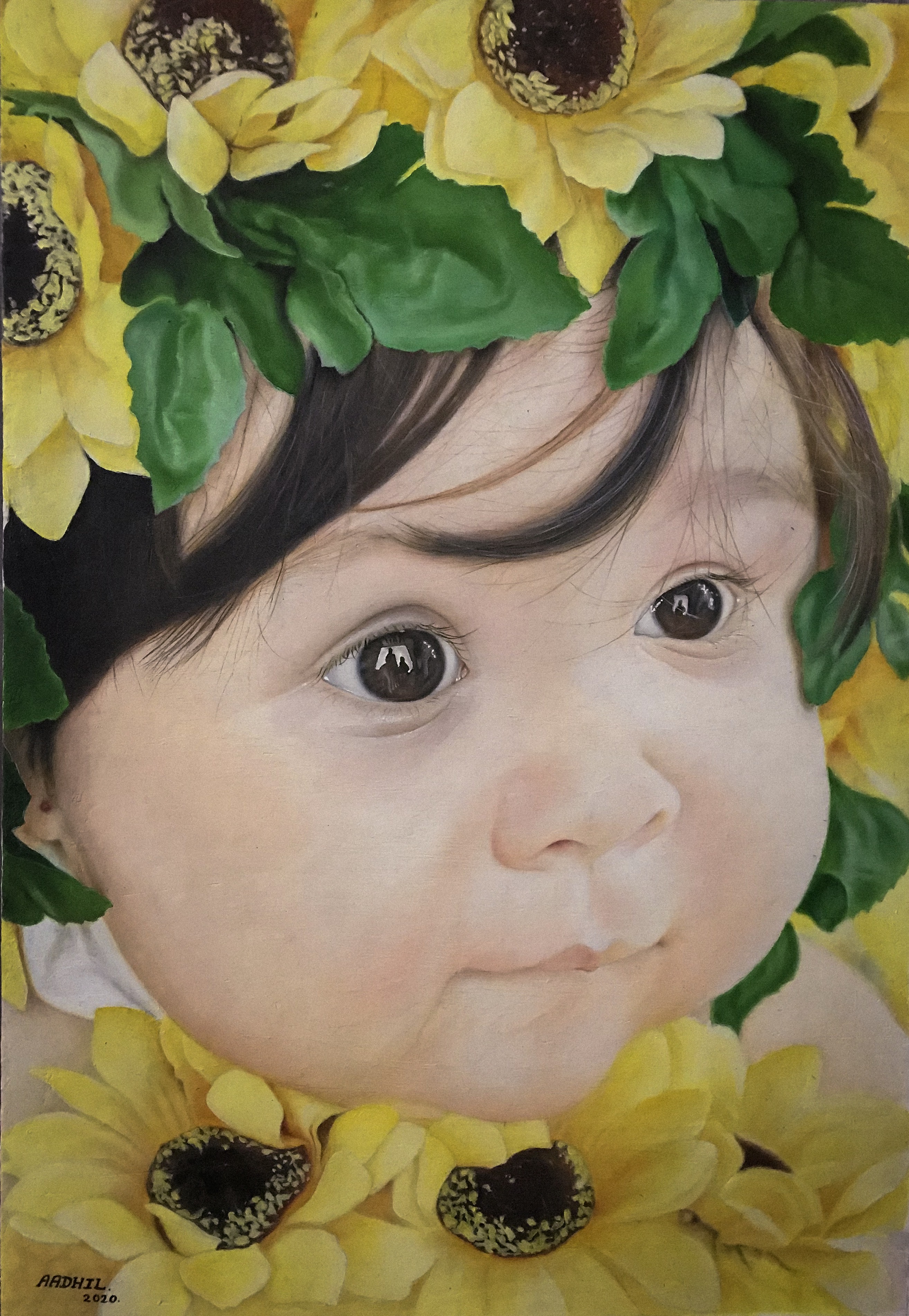 Hyper Realistic oil painting by Aadhil mowjood, child's face with sunflowers