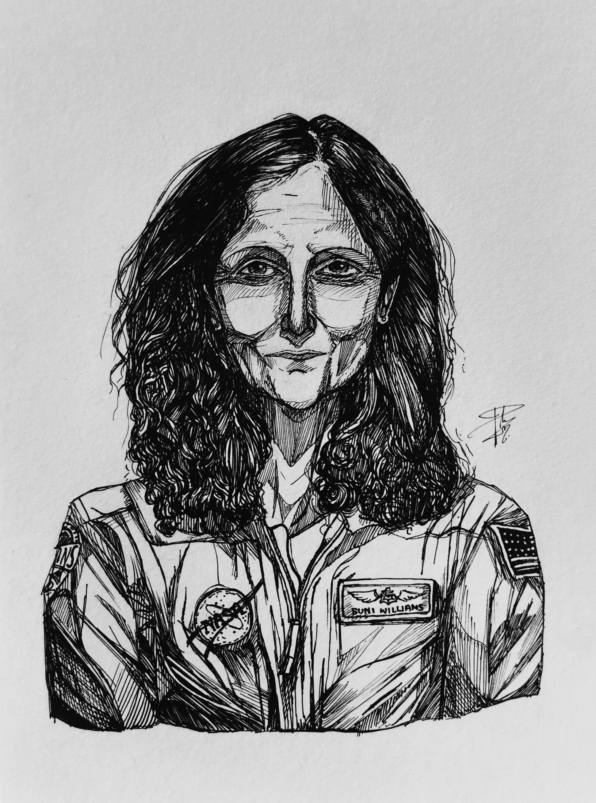 "Space is vast, but human potential is even greater" by Patralika Mahata, pen drawing of woman in astronaut suit