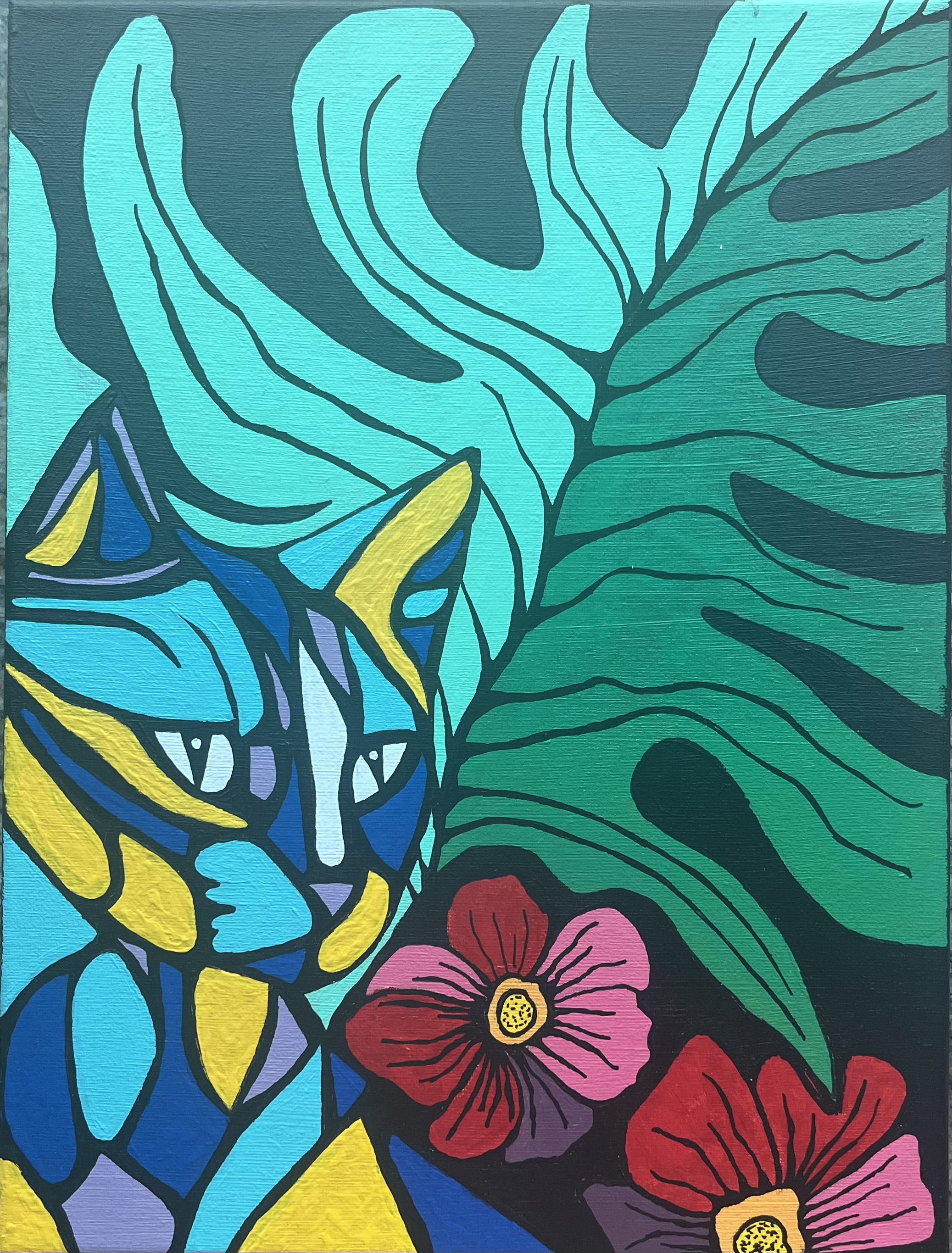 Jungle Cat by Ninzi Hamid, stylized cat amid lush foliage