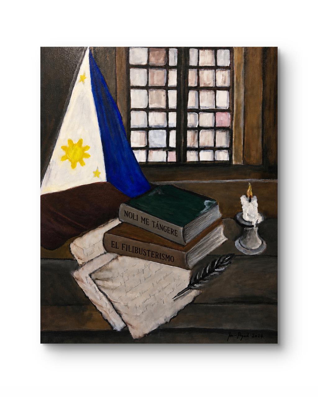 Lessons by Candlelight by Jinn Reyes, still life with Philippine books and candle