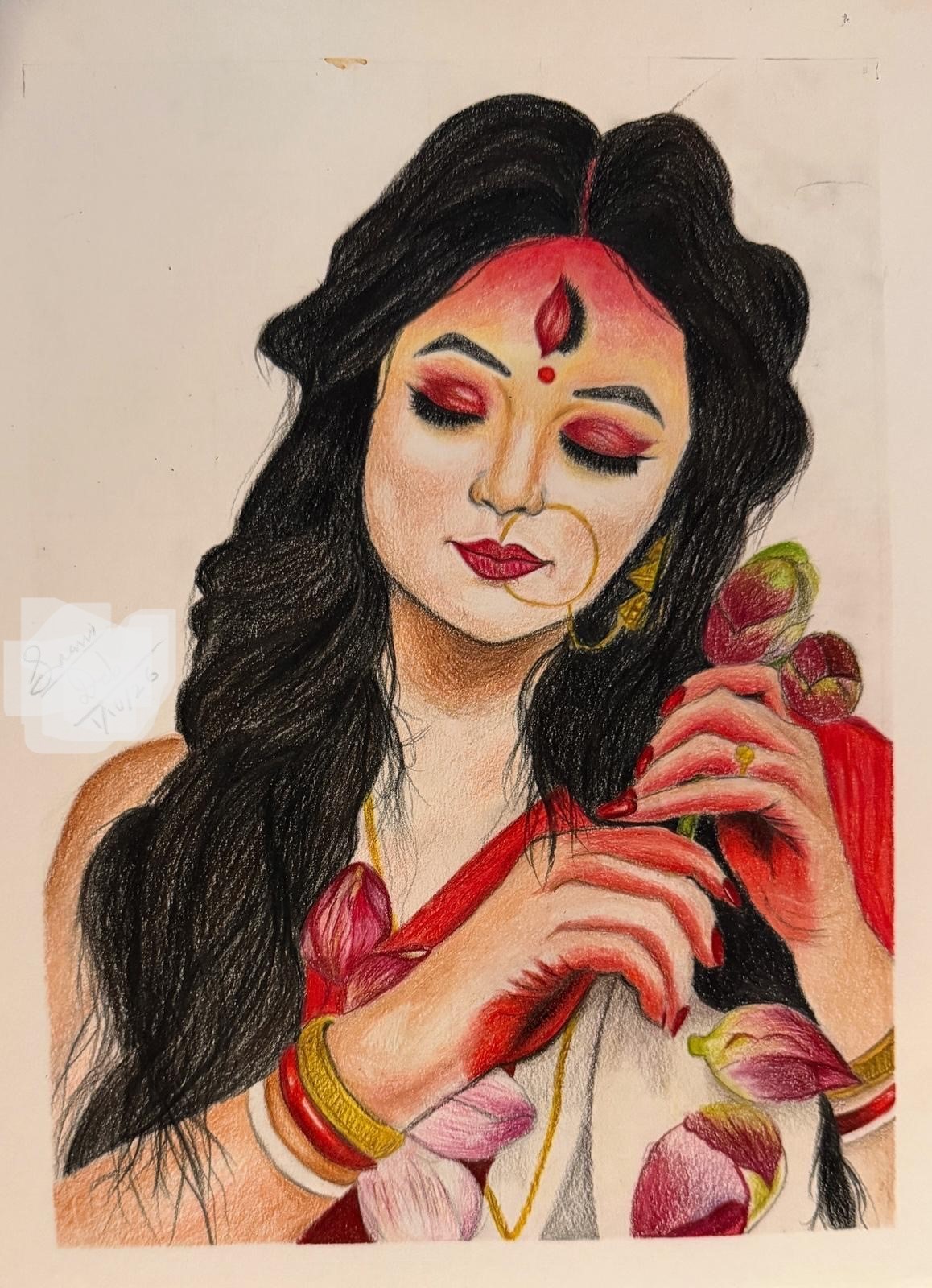 Divine Radiance by Saanvi Deb, featuring a serene figure with flowing black hair and traditional red markings