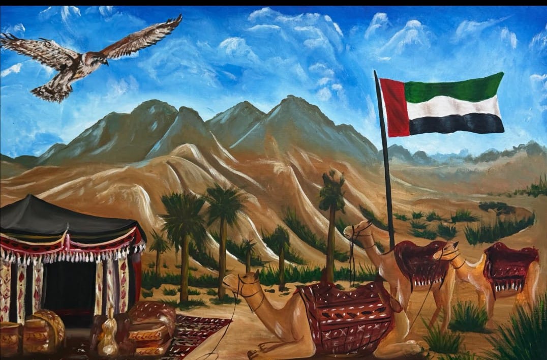 Pride of the Emirates by Johnson Flomo, vibrant desert landscape with UAE symbols