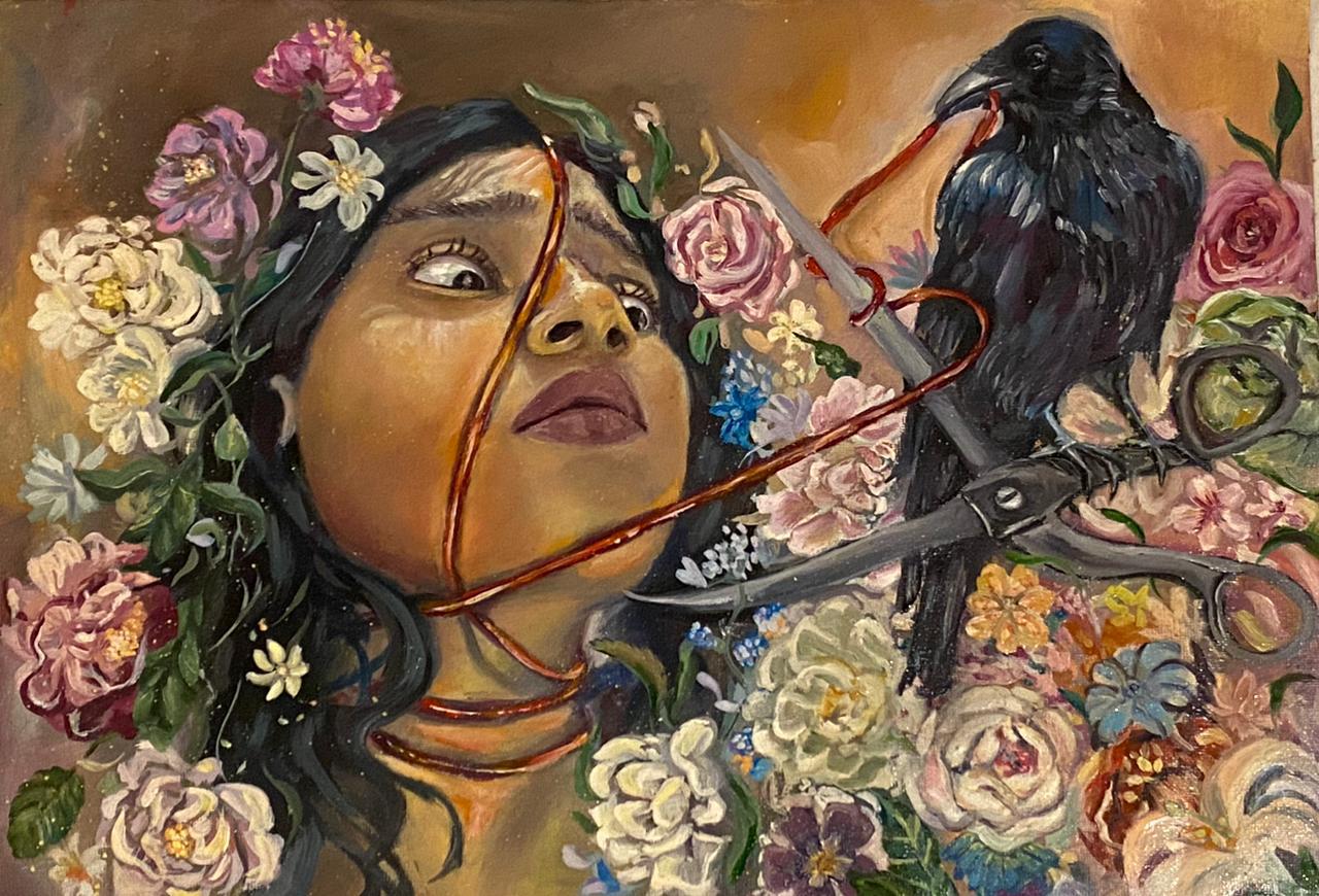 Fate by Methuli Bandara, person surrounded by colorful flowers