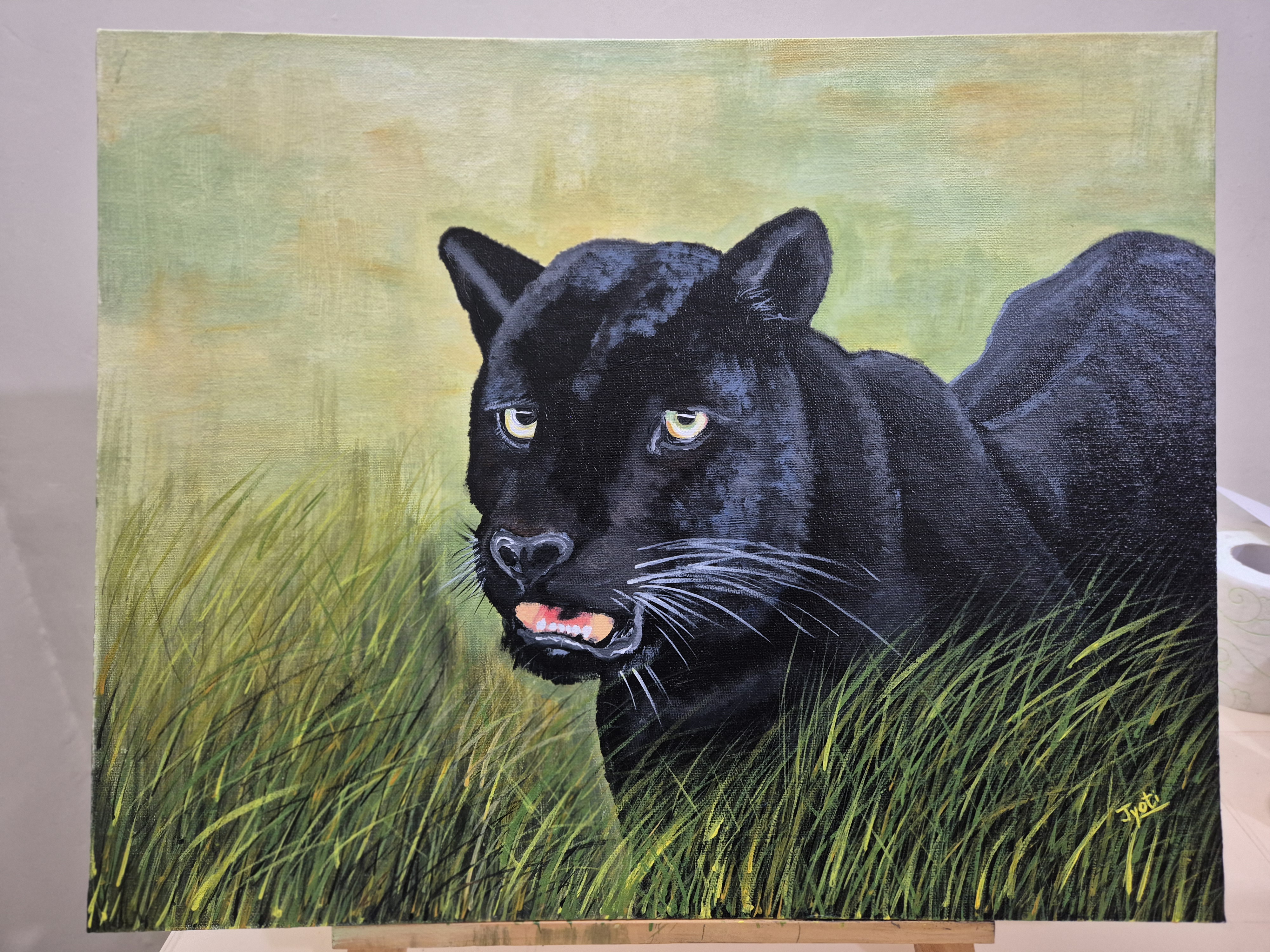 Acrylic on canvas by Jyoti Bhundia - black panther in grass