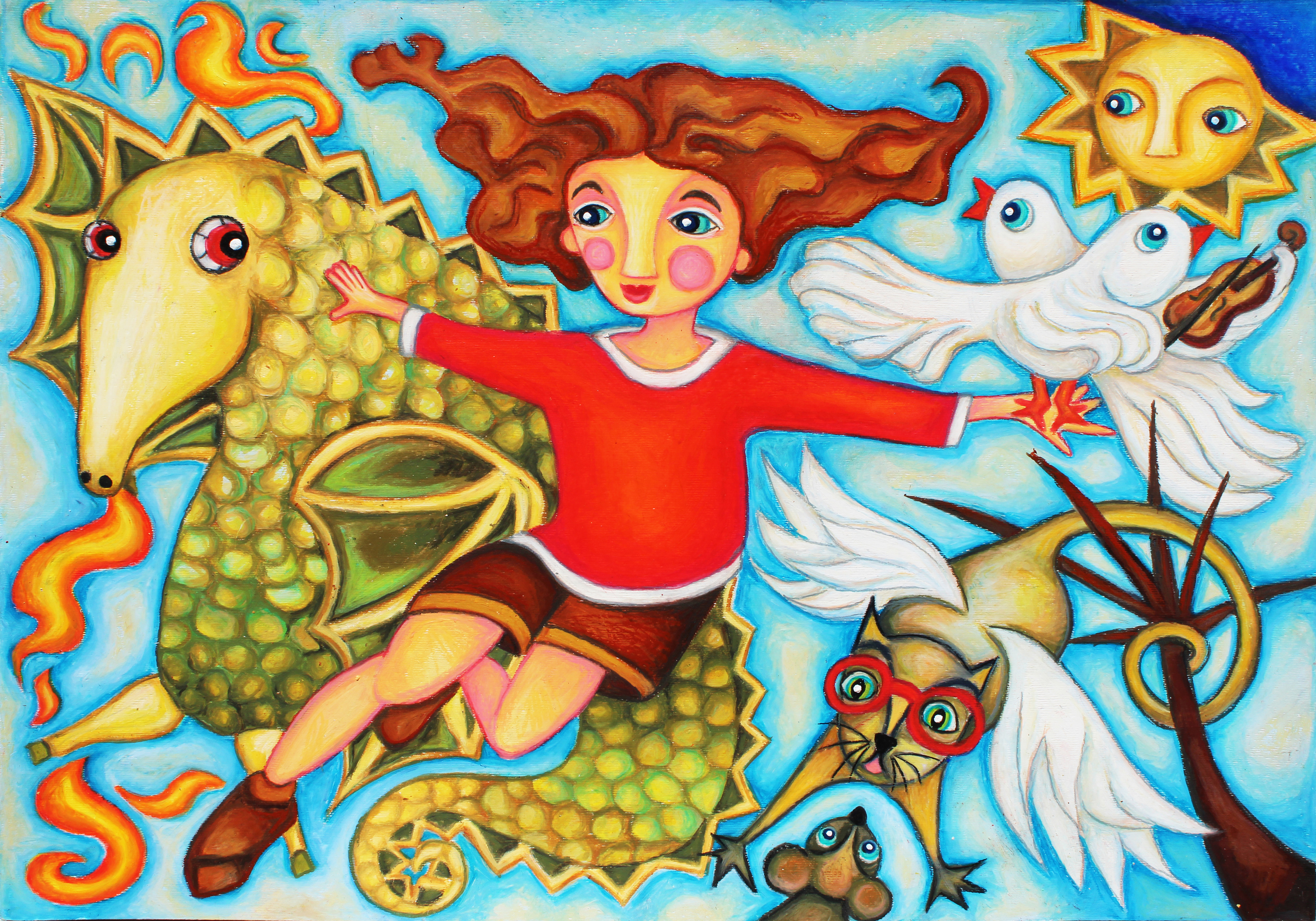 Dreams by Viara Pencheva, featuring a young girl flying joyfully across the canvas with red hair, wearing a red shirt and brown shorts