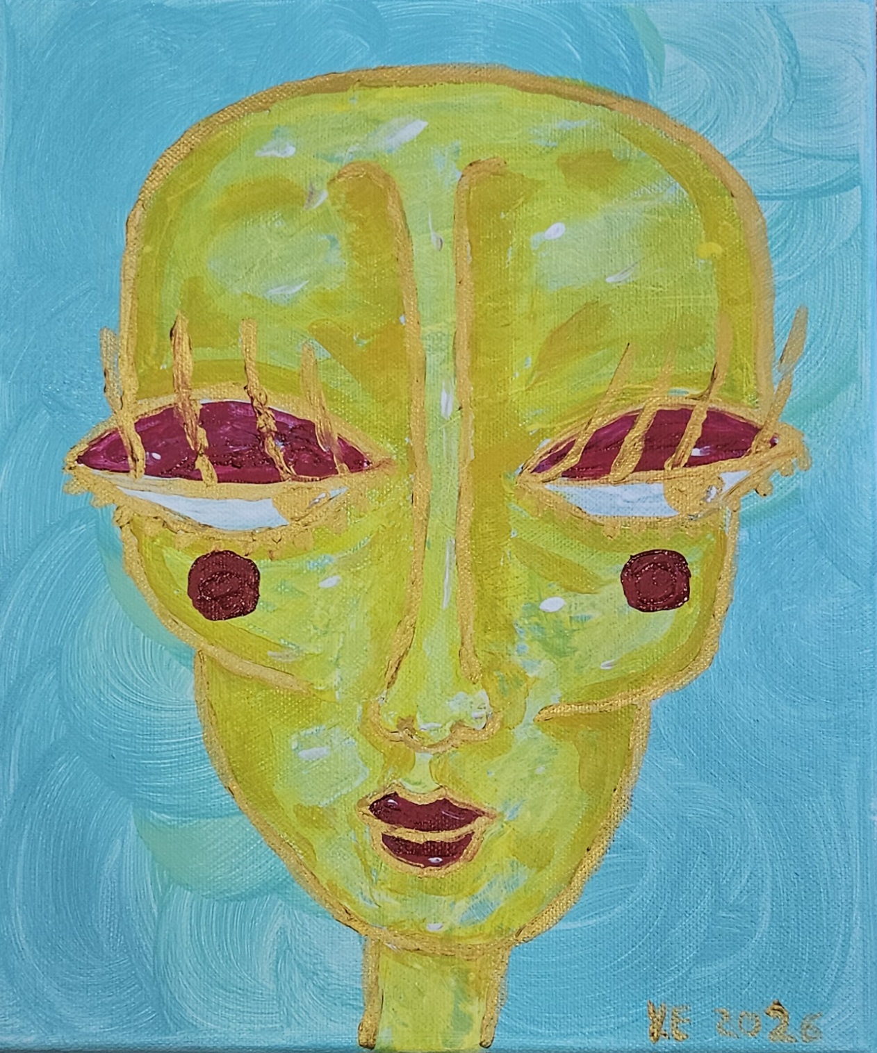 Golden by Yuane Erwee, abstract yellow face with large expressive eyes