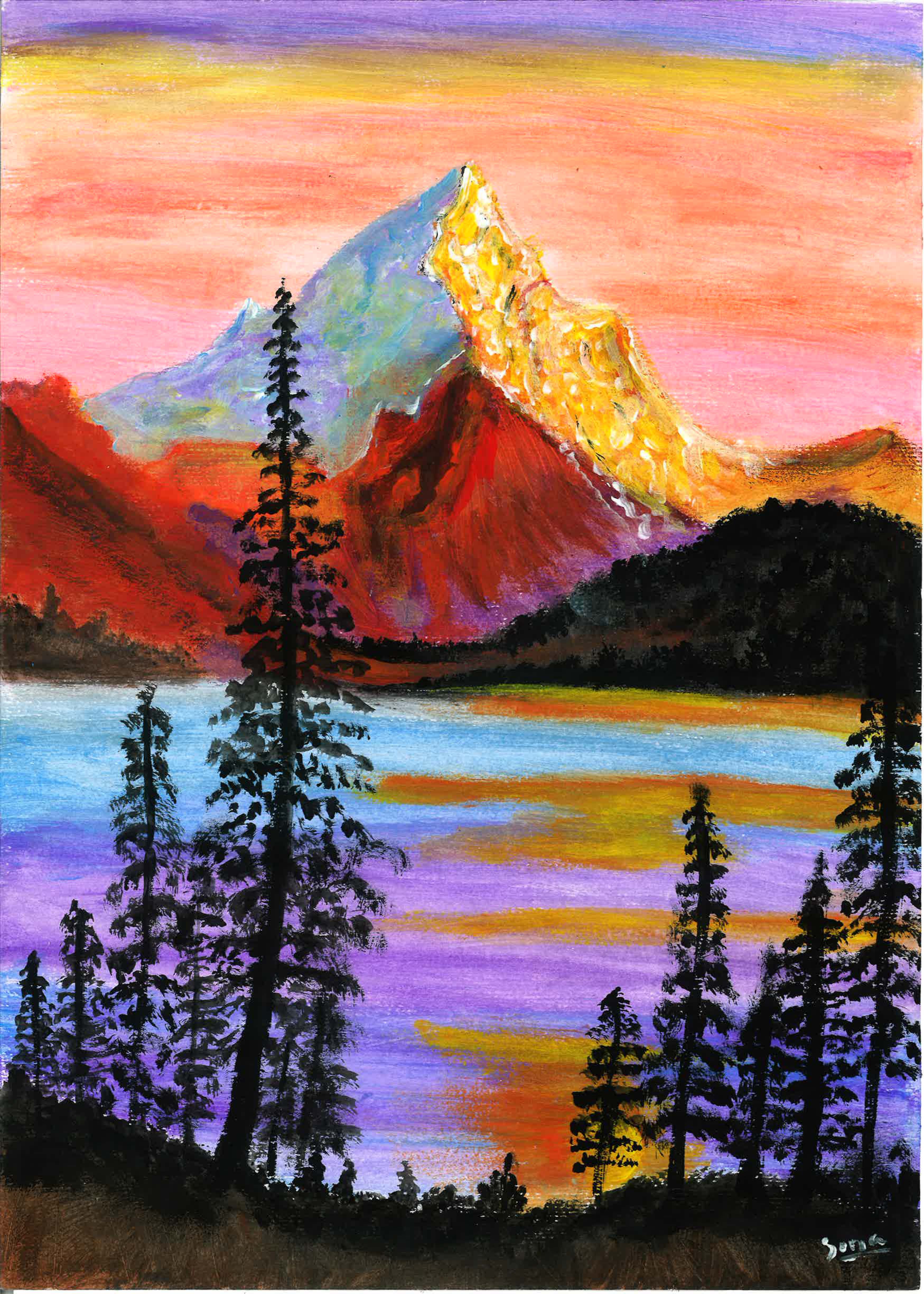 Golden Mountain Serenity by Sona Nepoly - a majestic mountain with a golden peak