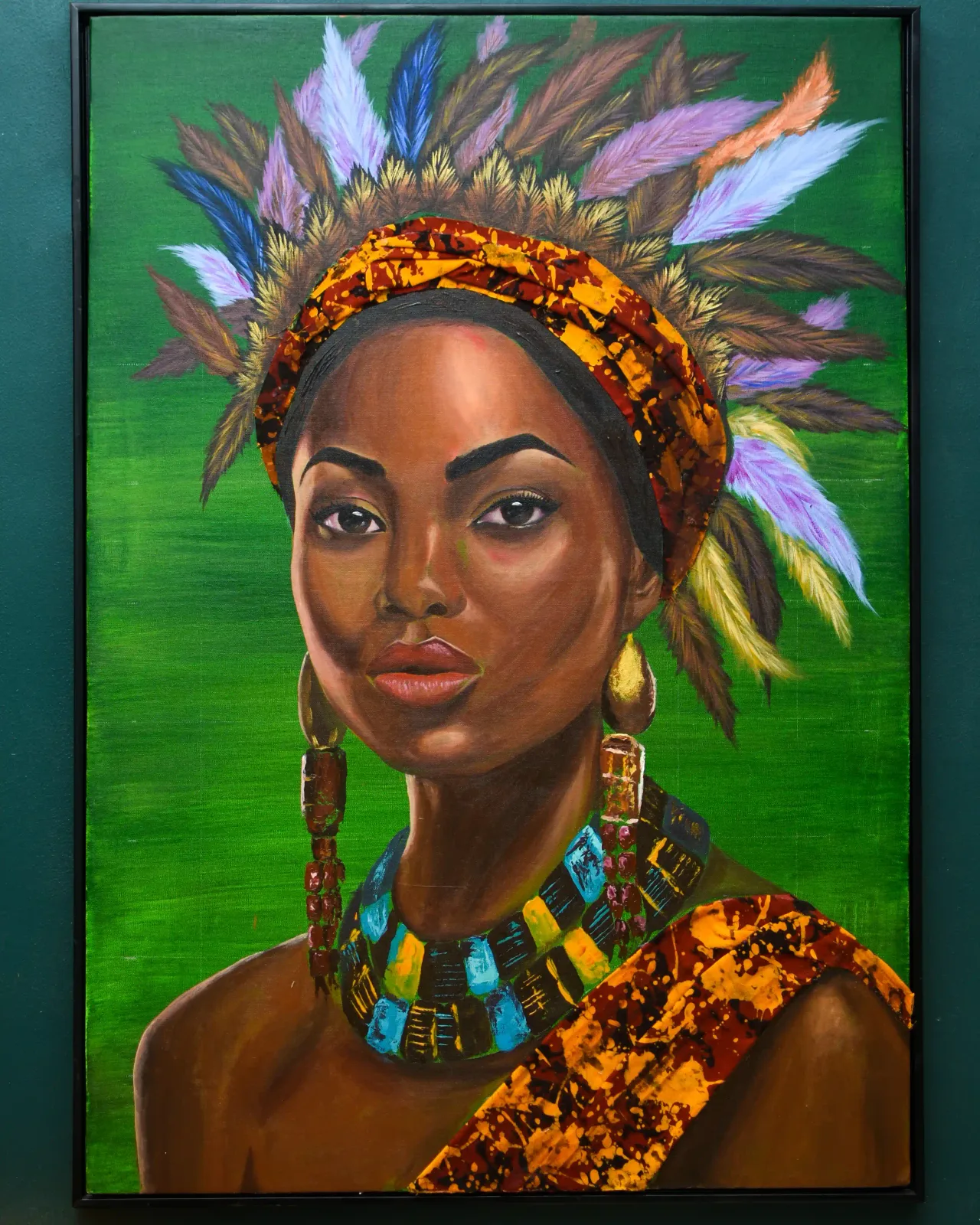 Queen of Savanna by Henry Wilhelm Kirenga - regal woman portrait with colorful feathers