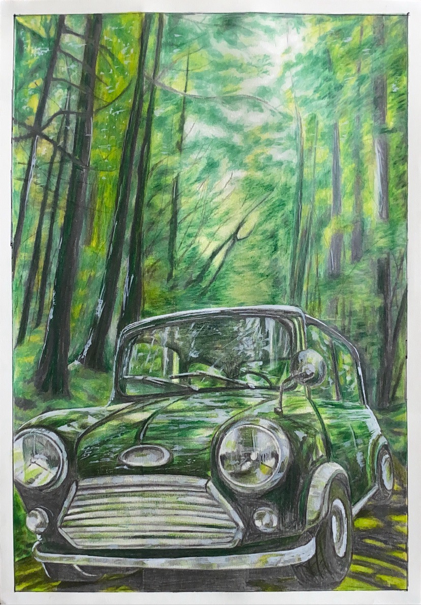 VINTAGE DRIVE by Sabeeha Aslam, monochrome drawing of a vintage car in a forest