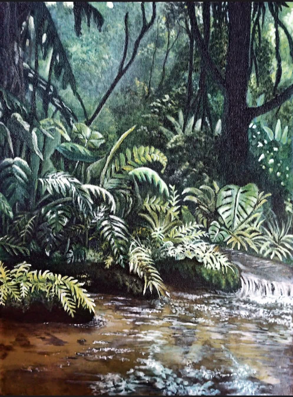 Whispers of the Rainforest by SURIANA KHAN, showcasing vibrant rainforest vegetation and a flowing stream