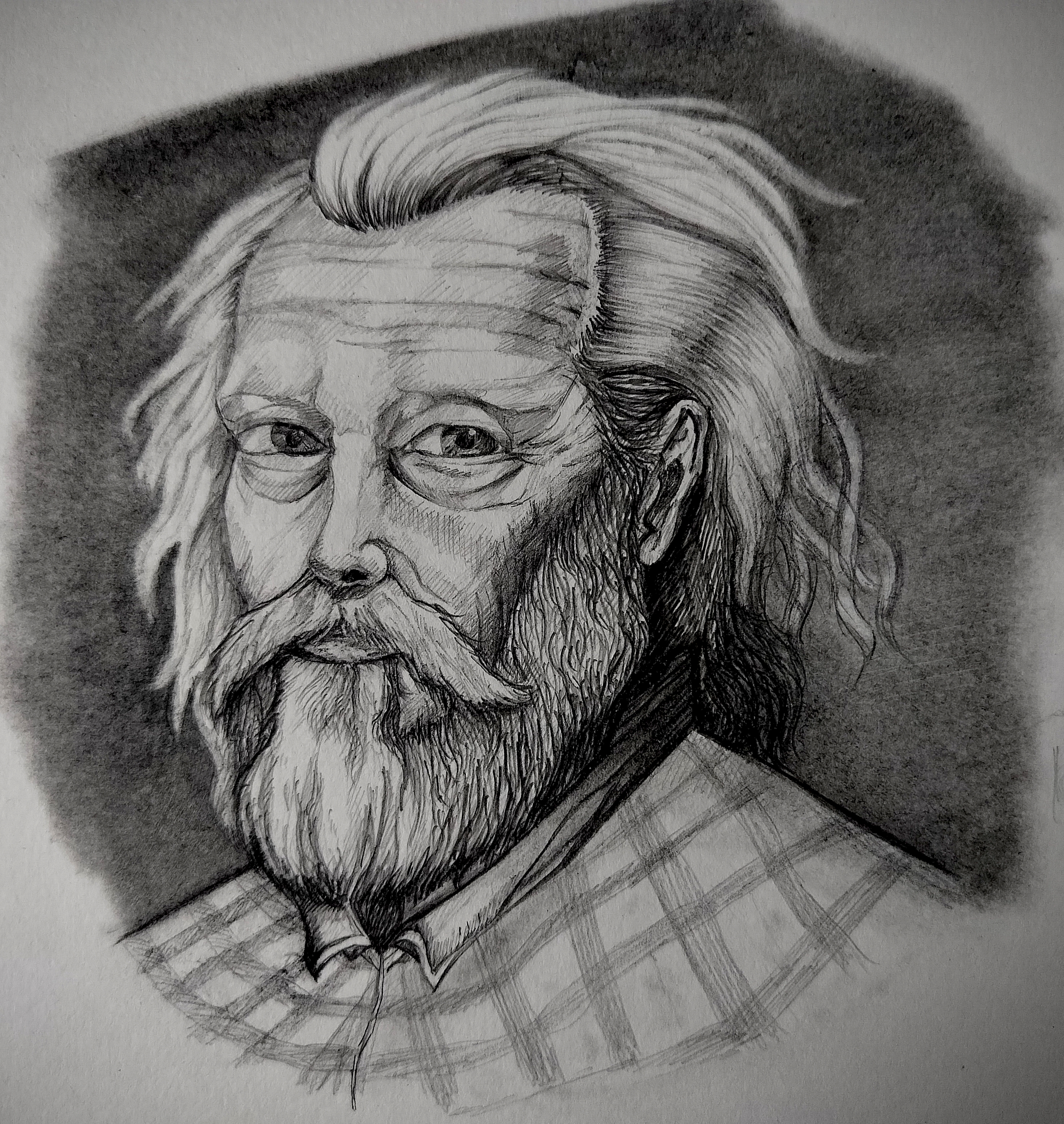 An old friend's evening smile... by Patralika Mahata, detailed graphite portrait of an old man
