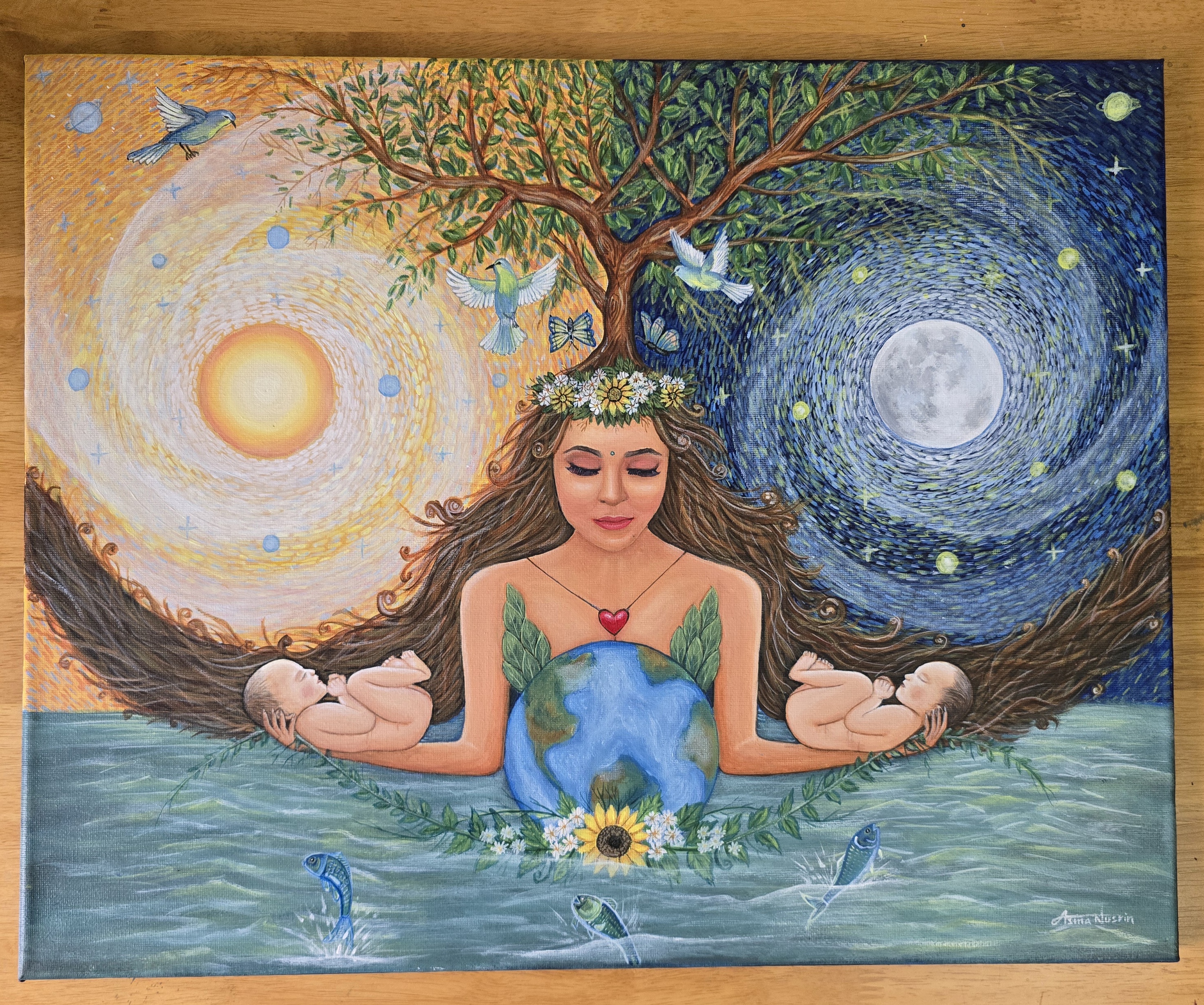 Eclipsed in her embrace by Asma Nusrin features a female figure with hair transforming into tree branches