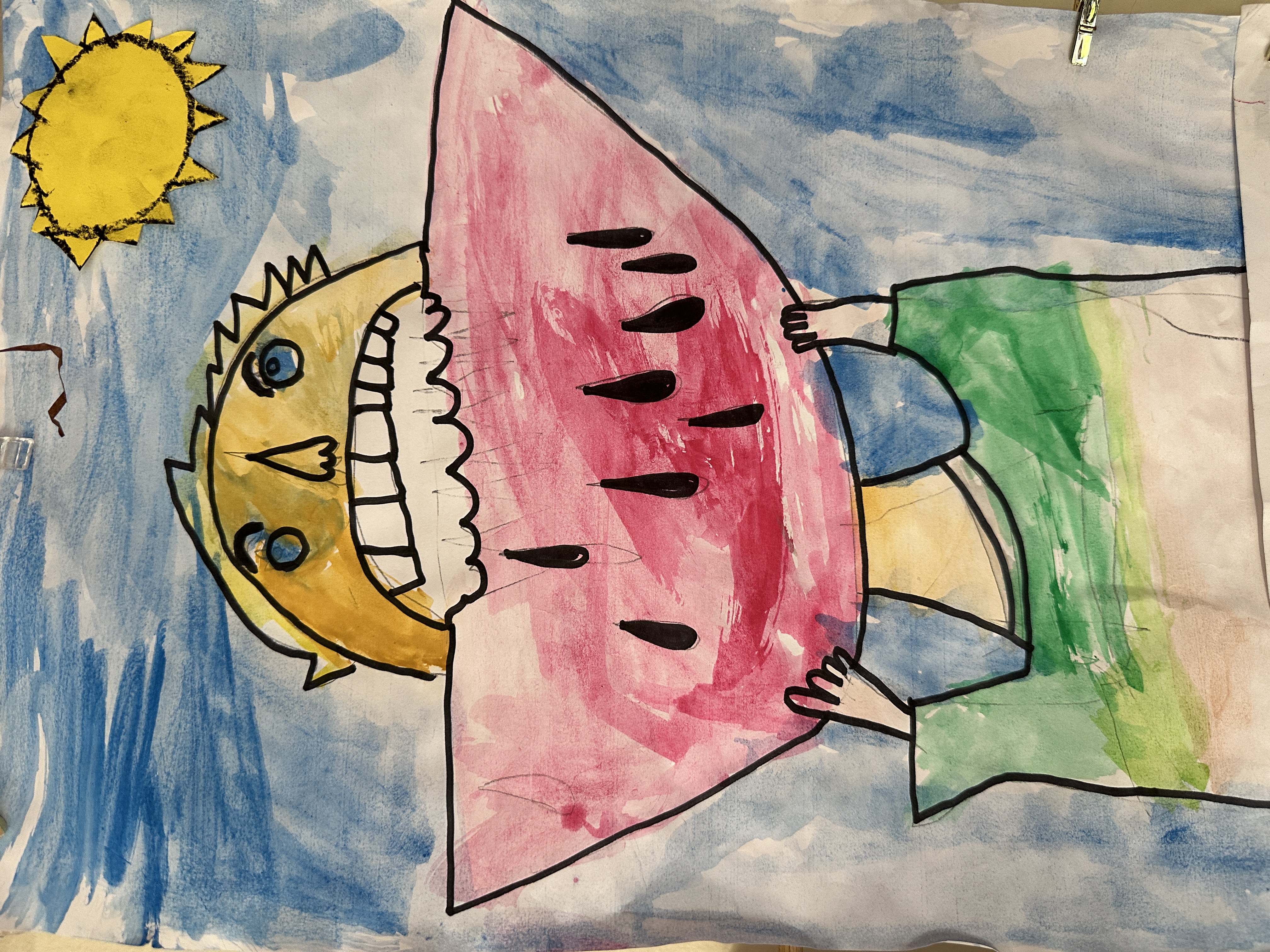 Holidays by Alex Watson, cartoonish figure with watermelon in summer setting