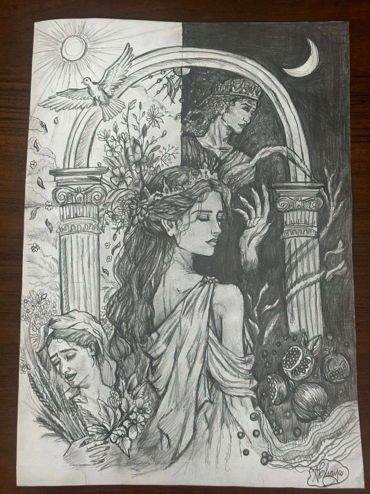 Persephone by Akshaya Sasikumar, split scene with sunlight, bird, woman with flowers