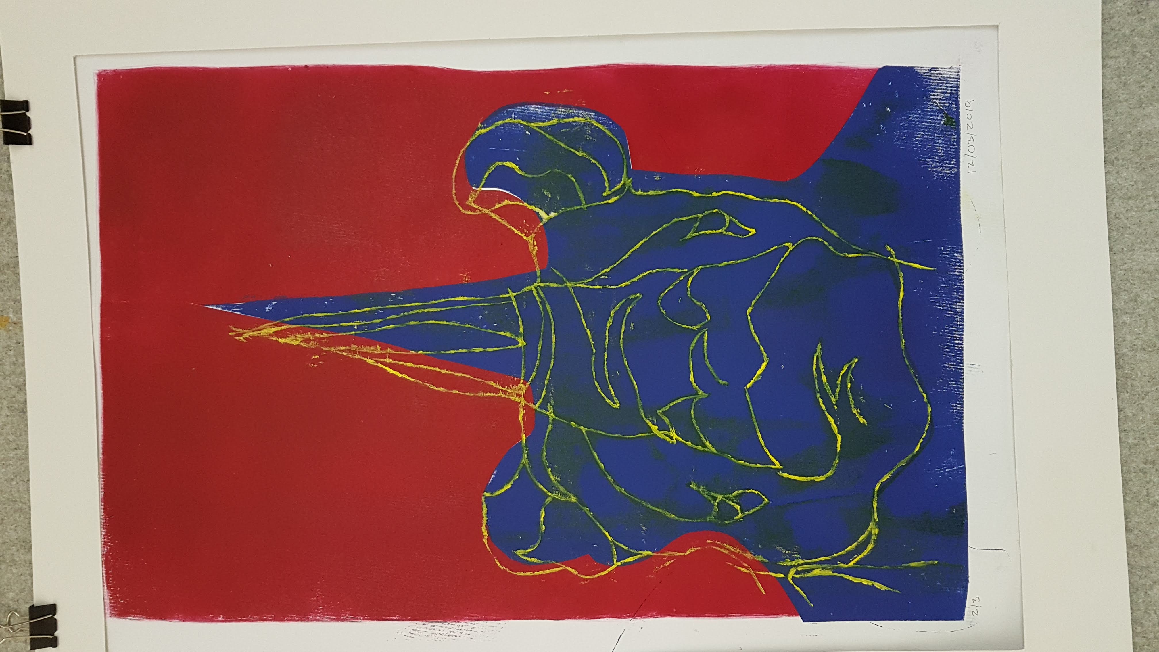 Last line by Karla britz, rhino on a red background with fragmented blue and yellow-green lines