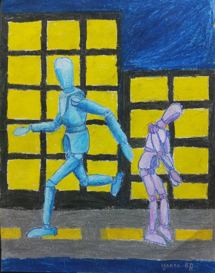 Running Away by Yonna Sharma, featuring dynamic stylized figures in motion