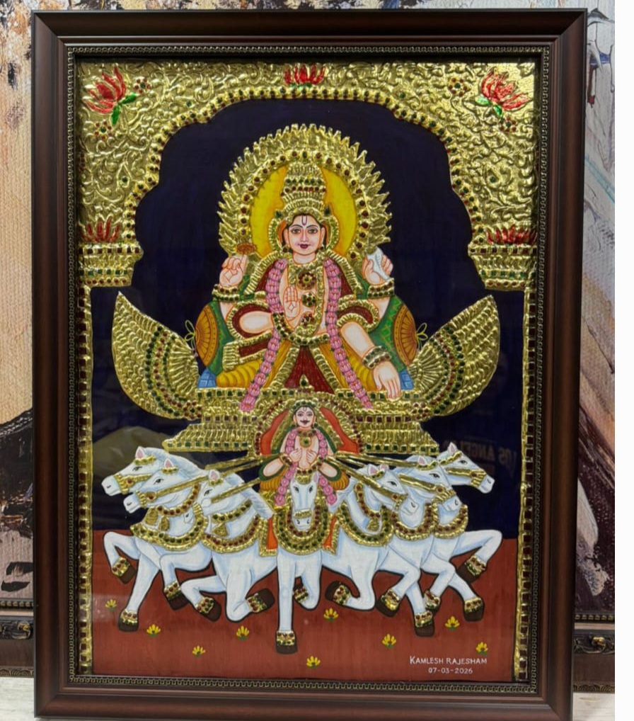 Tanjore painting by Kamlesh Rajesham, depicting Surya Bhagwan on a chariot