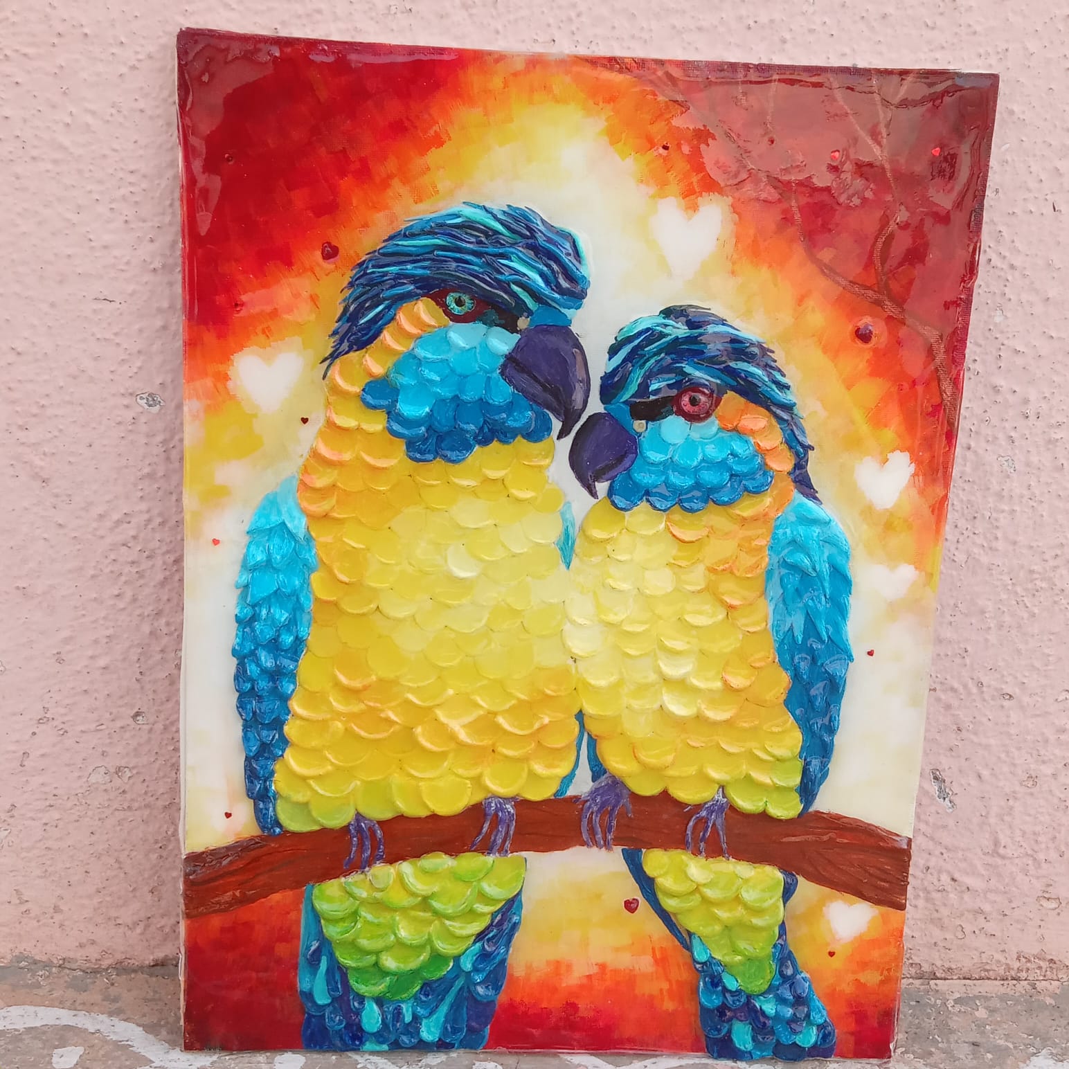 The Colorful 3D Parrots by Daphne Joseph, vibrant parrots on a branch
