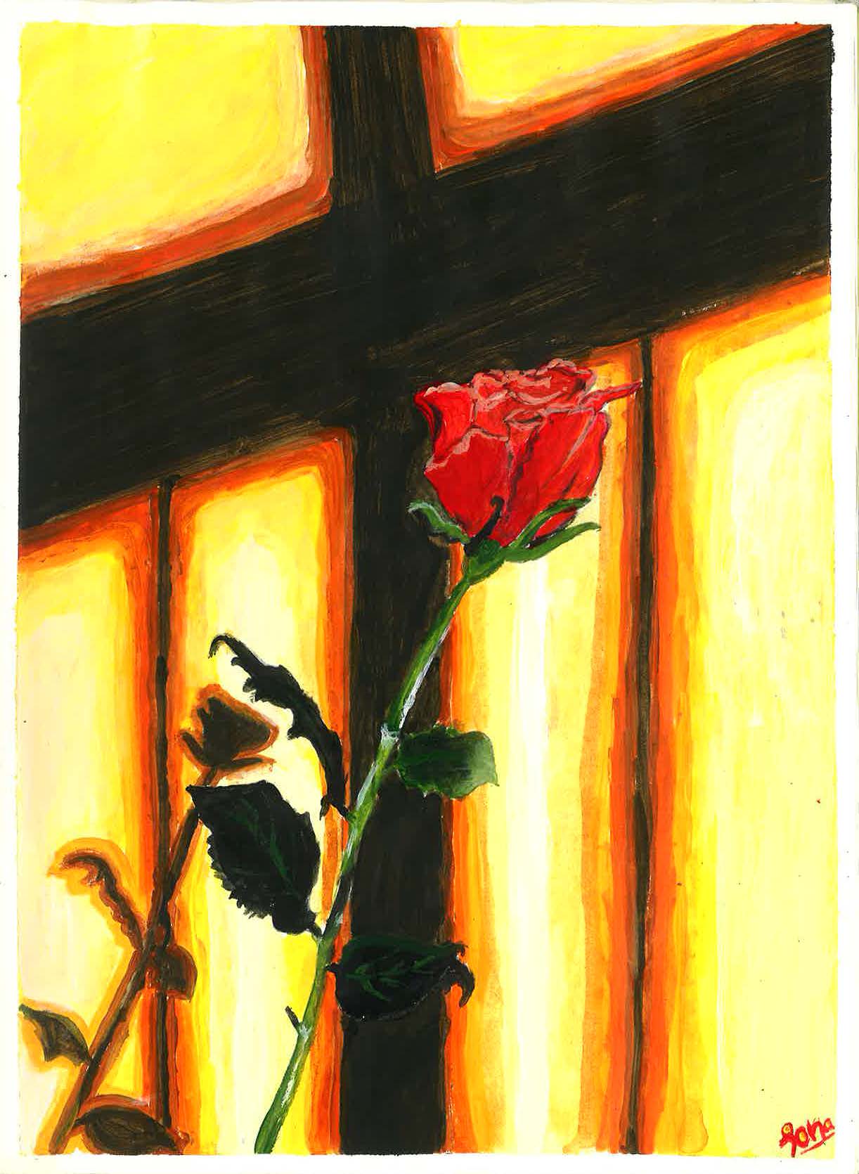 Hope Behind the Cross by Sona Nepoly, featuring a red rose with a cross silhouette
