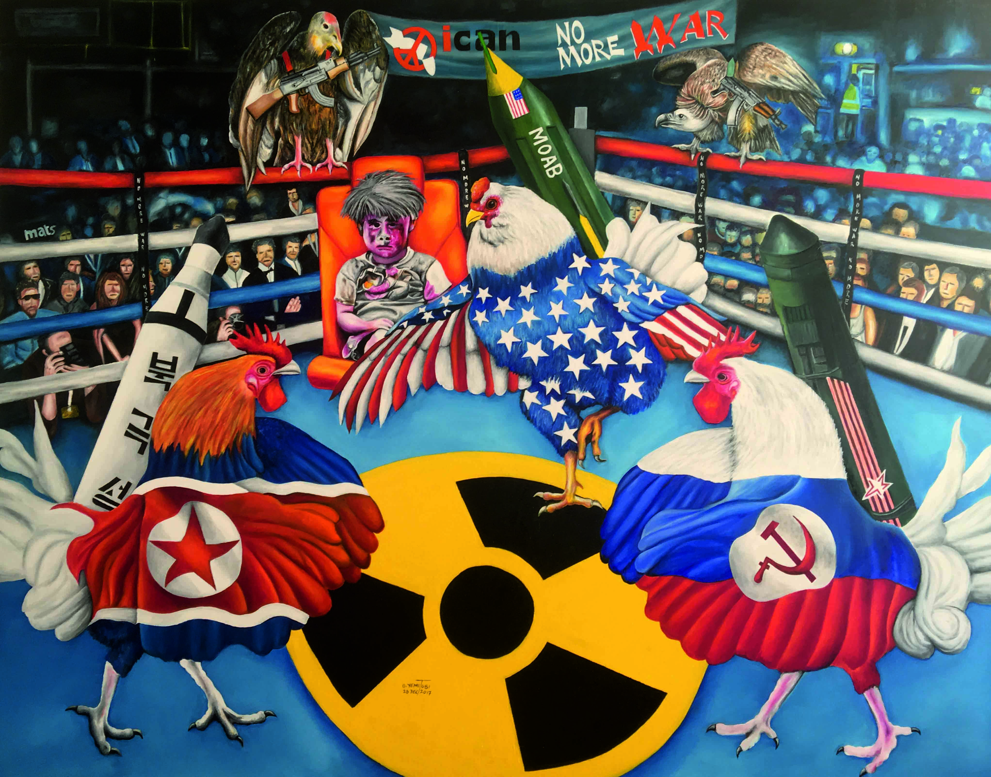 The Chickens' Fight by O Yemi Tubi featuring roosters symbolizing nations in a boxing ring