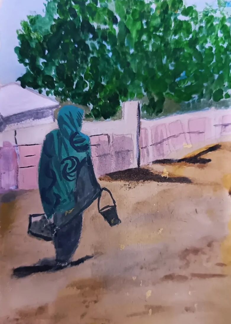 Woman in Hawata by Veena Pillai, woman walking sandy path with blue-green shawl