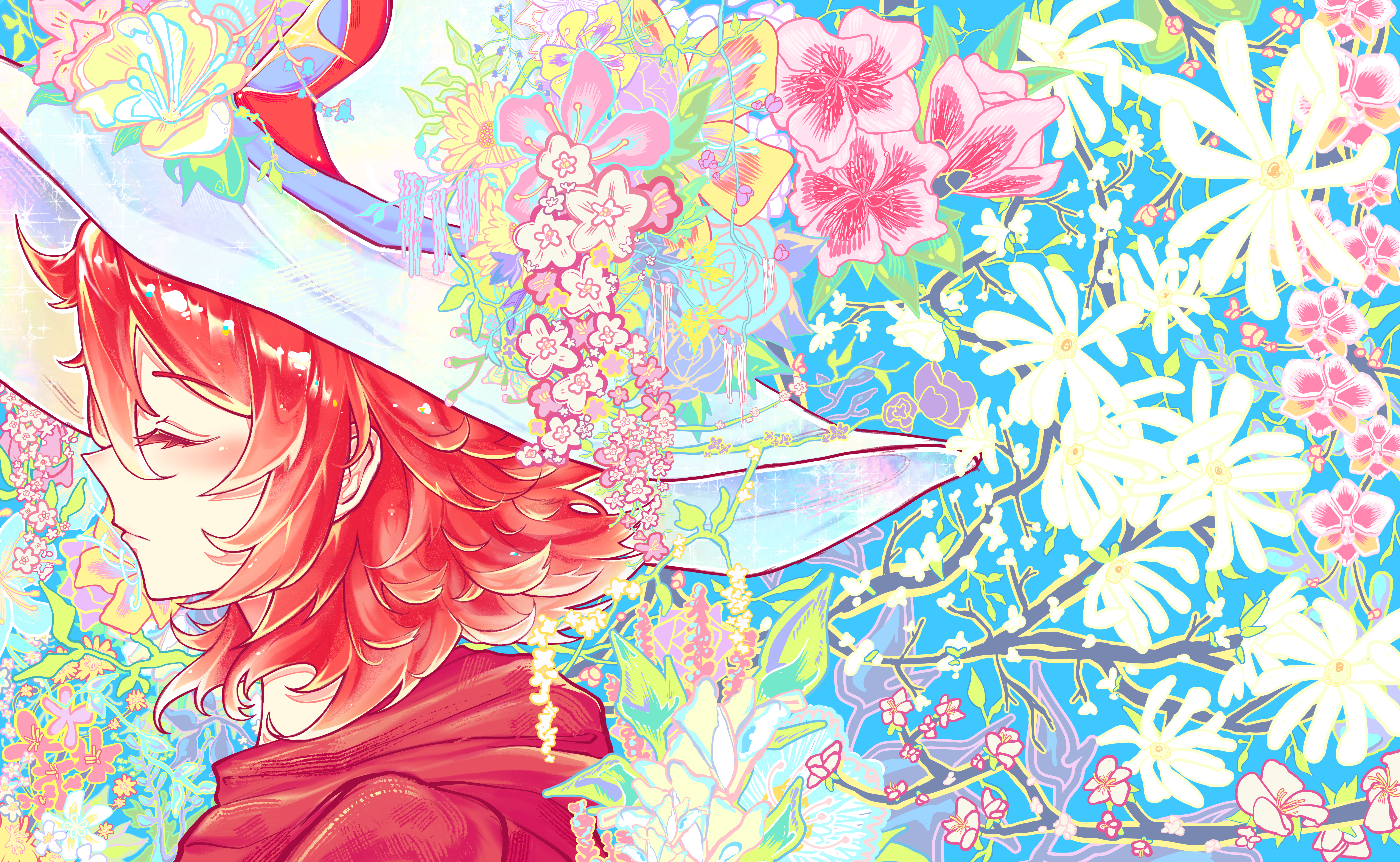 Shining Chariot by Amina Azhibekova, character with red hair and floral hat