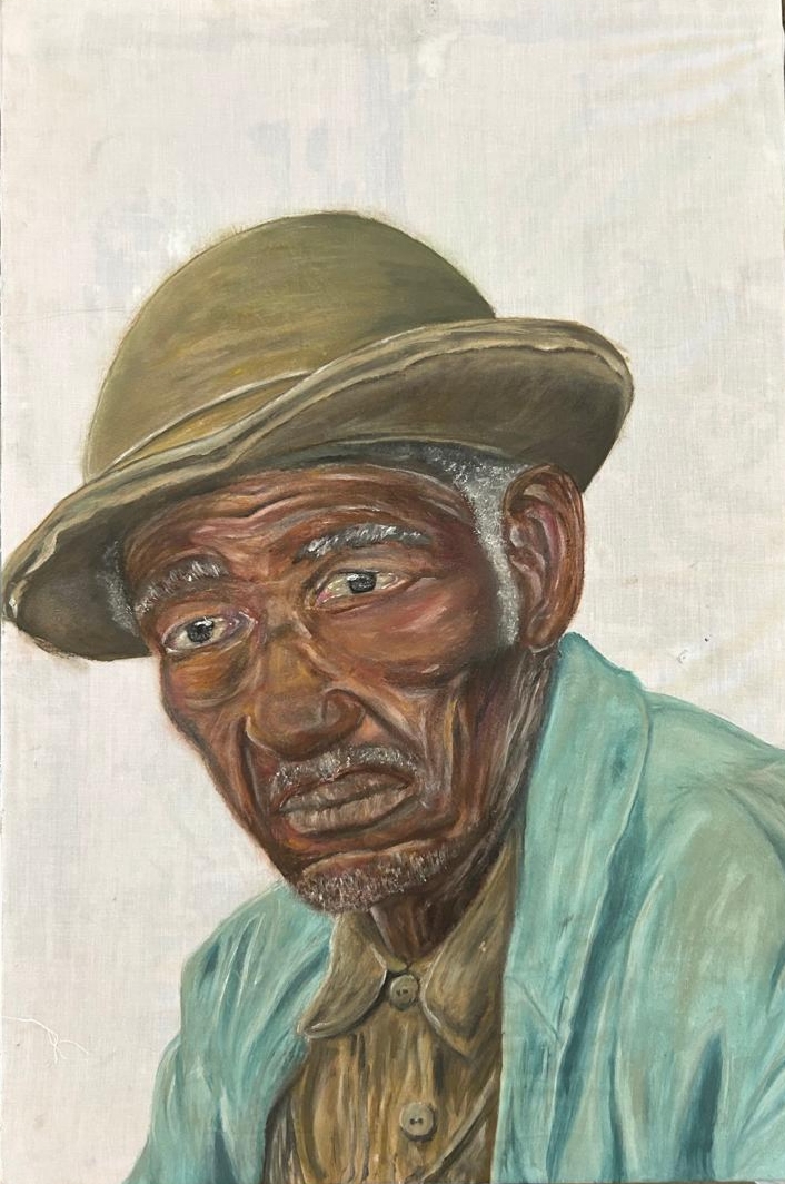 Hard Times by Cammare Carnegie, portrait of elderly man in hat and blue jacket