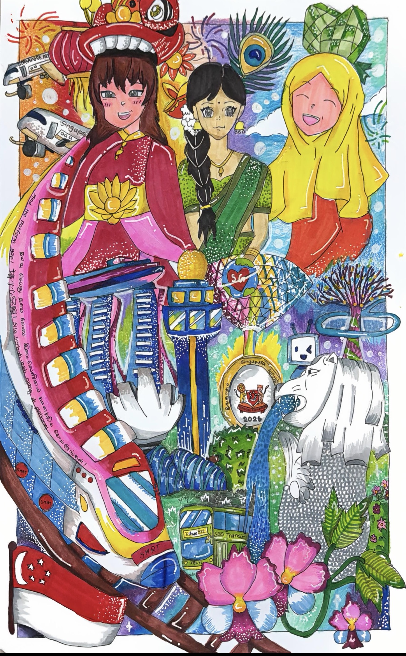 Singapore Celebrates by Ramesh Swastika, featuring three women in cultural attire