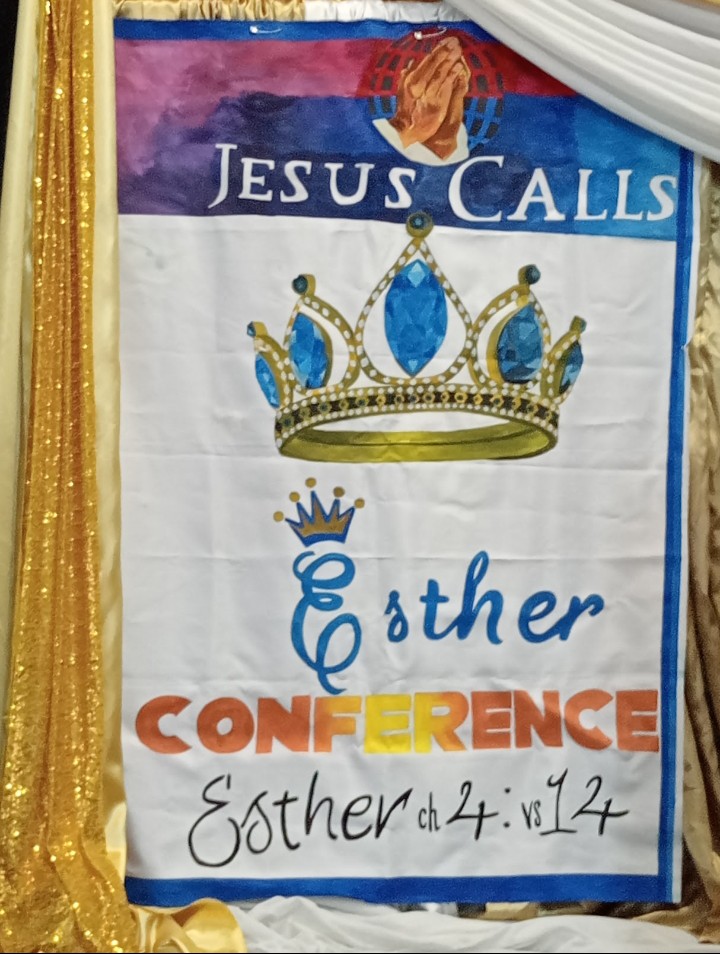 Jesus Calls Ministries - Esther - "Queen of the Jews" by Courtney Celena Munsamy, featuring bold text and a gold crown with blue gems on a blue gradient background