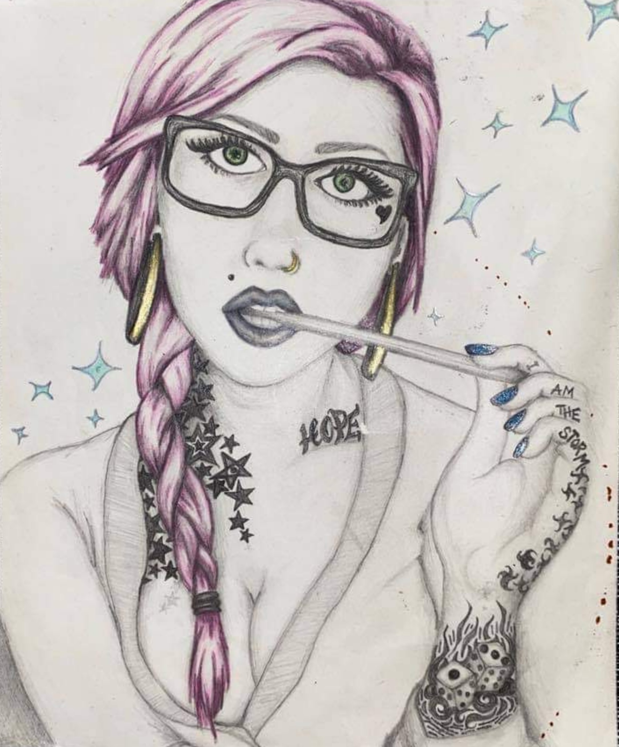 Electric Daydream by E. Grace Huntington, woman with pink hair and glasses