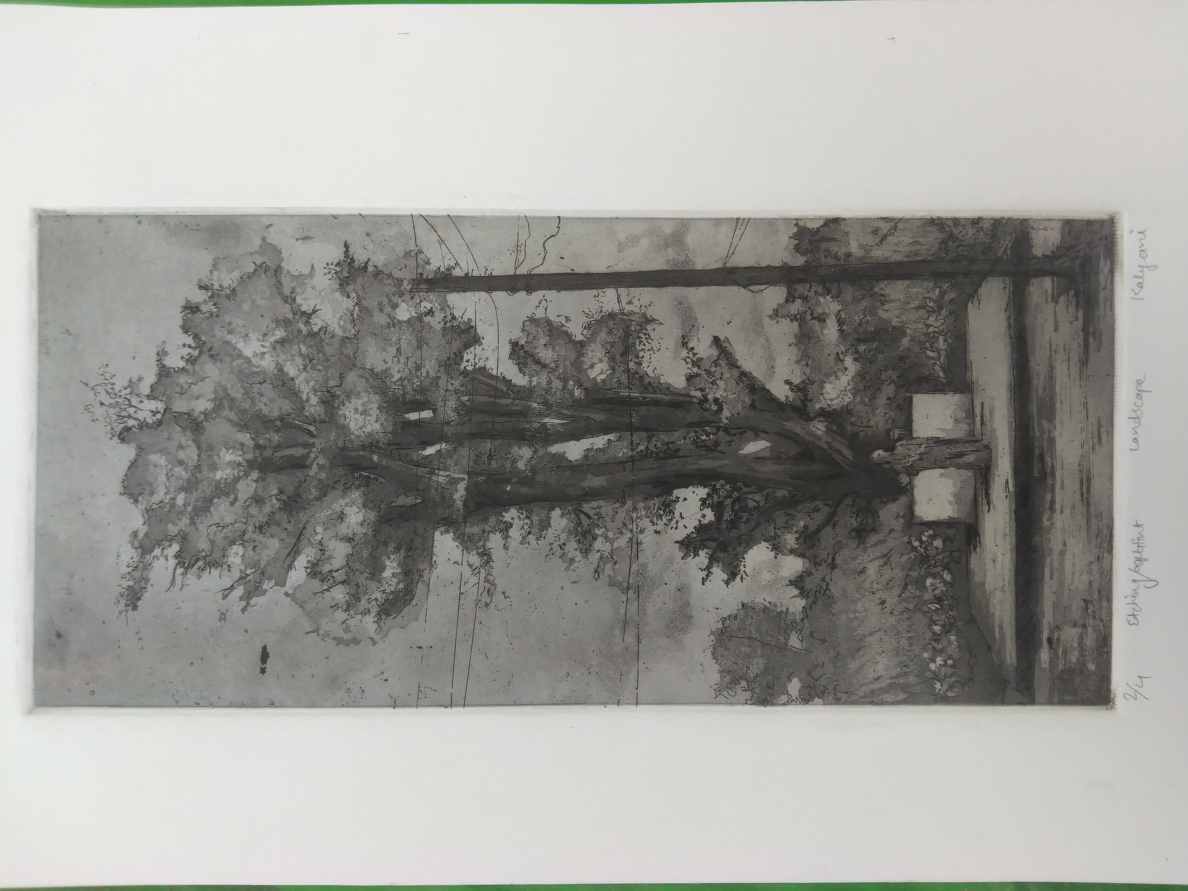 A morning by Kalyani Gandharva, monochromatic landscape with tree and shrine