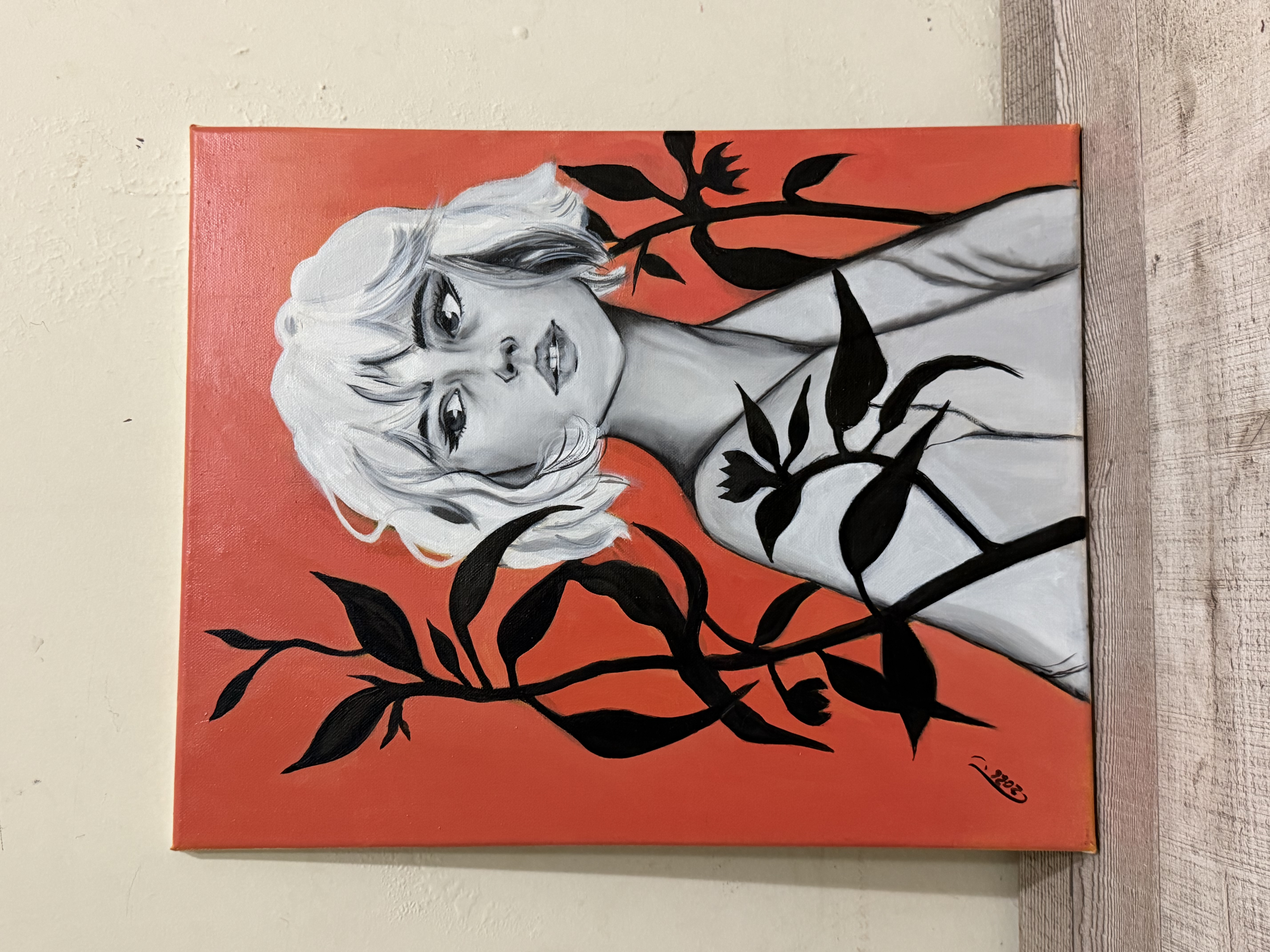 A Goodbye look by Ruba katato, portrait of woman with short white hair, orange background