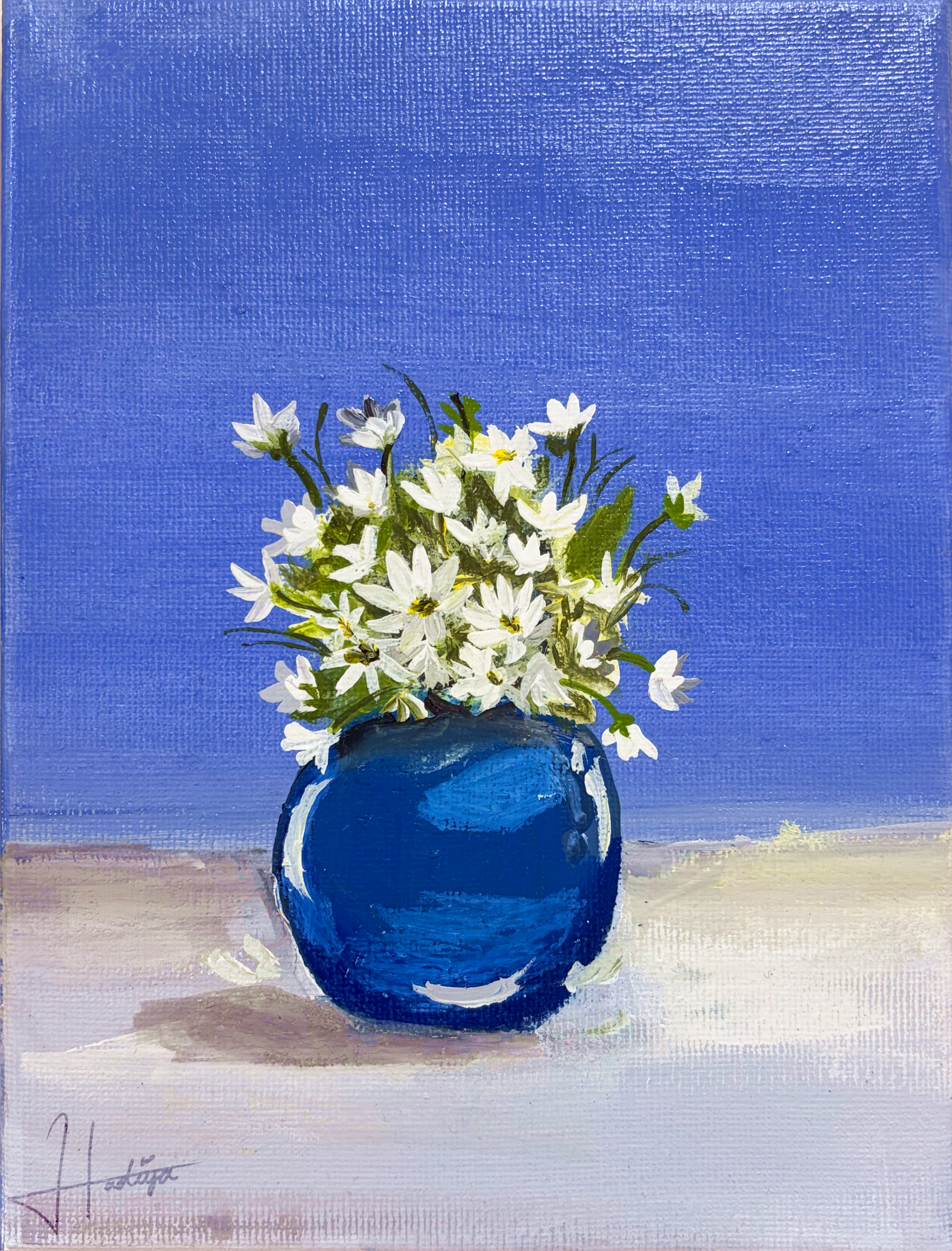 Blue Silence by Syeda Hadiya Arif with white flowers and blue pot
