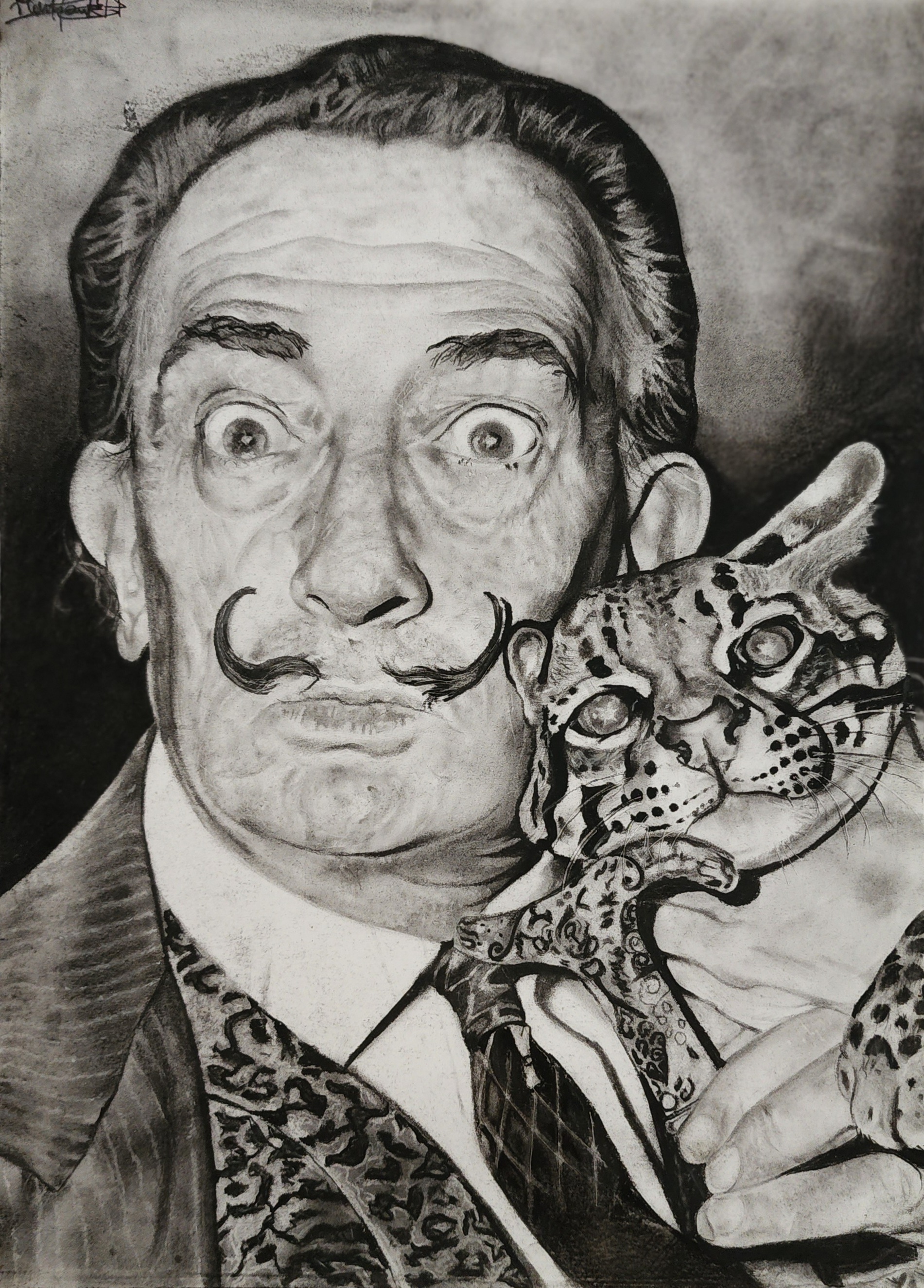 Salvador Dali by Mouhaned Salah, portrait of man with mustache and wild cat
