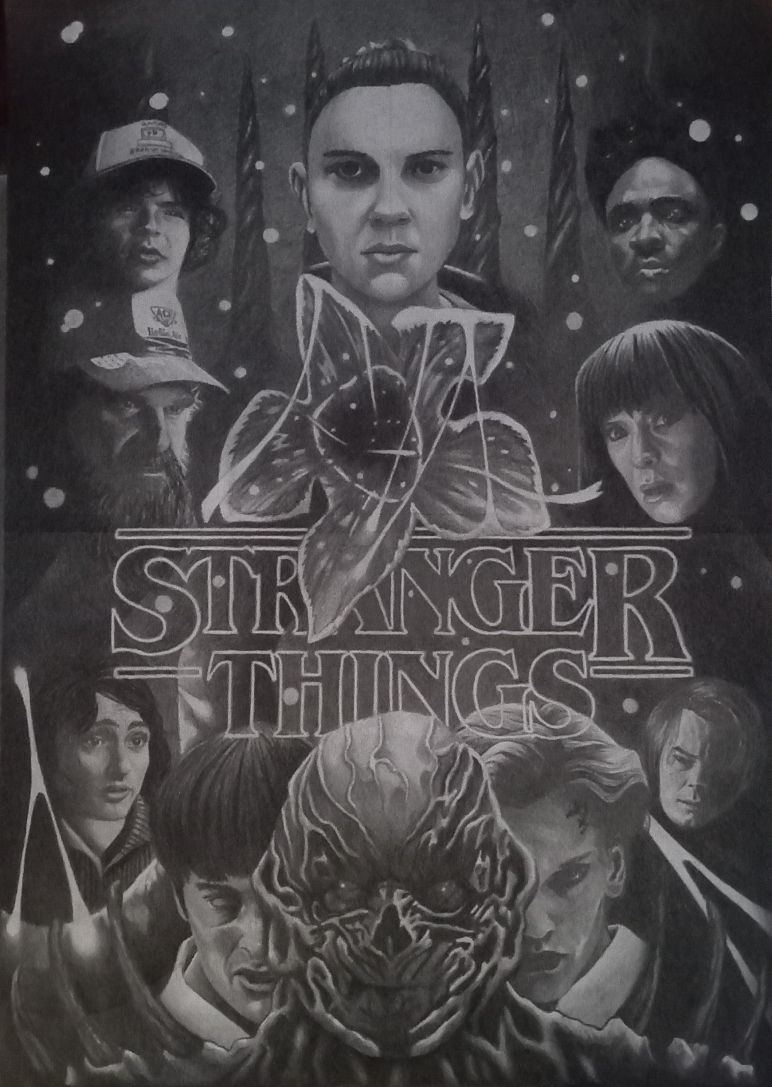 Custom artwork by Steven, monochromatic illustration with dynamic characters