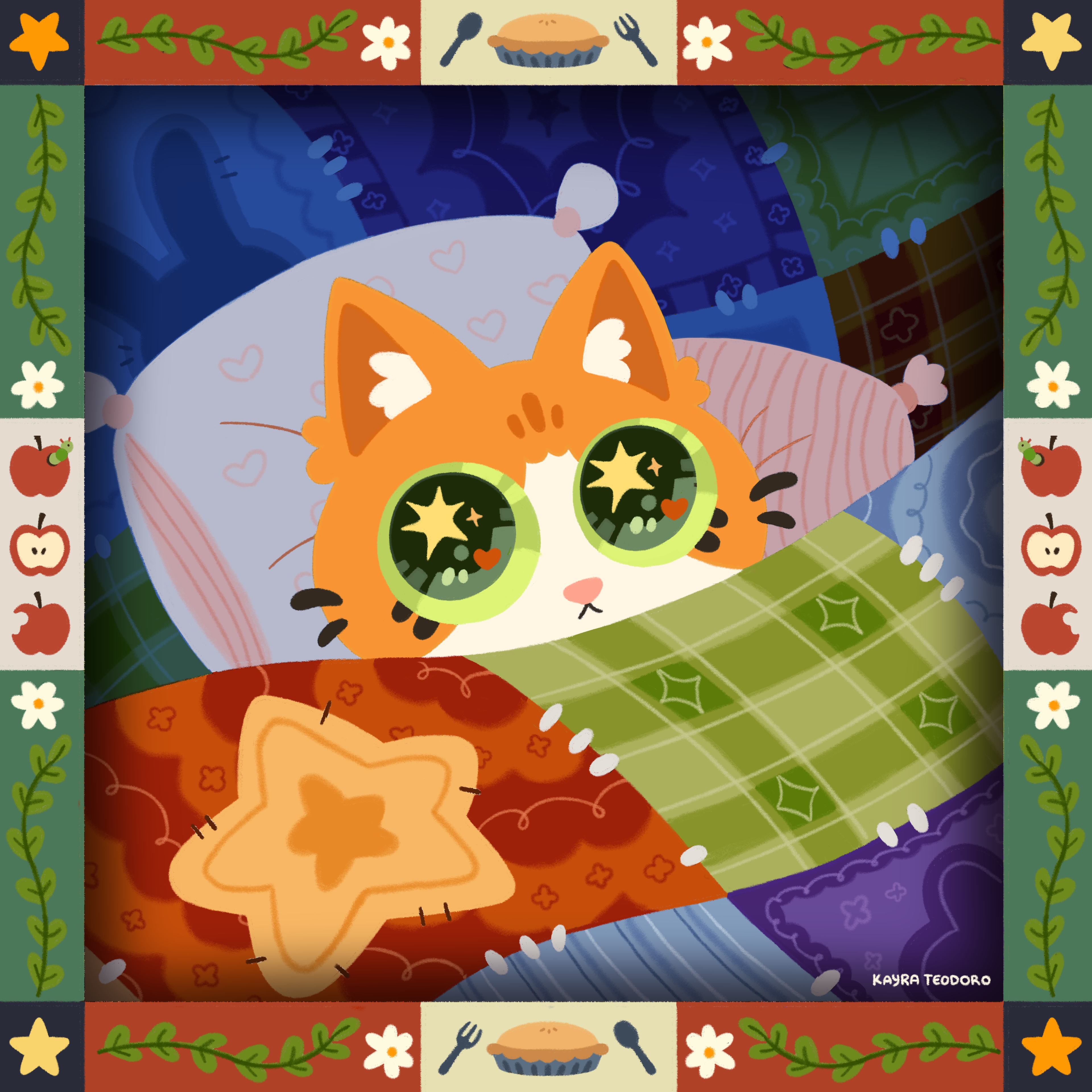 A Cold Night by Kayra Teodoro featuring an orange cat under a patchwork quilt